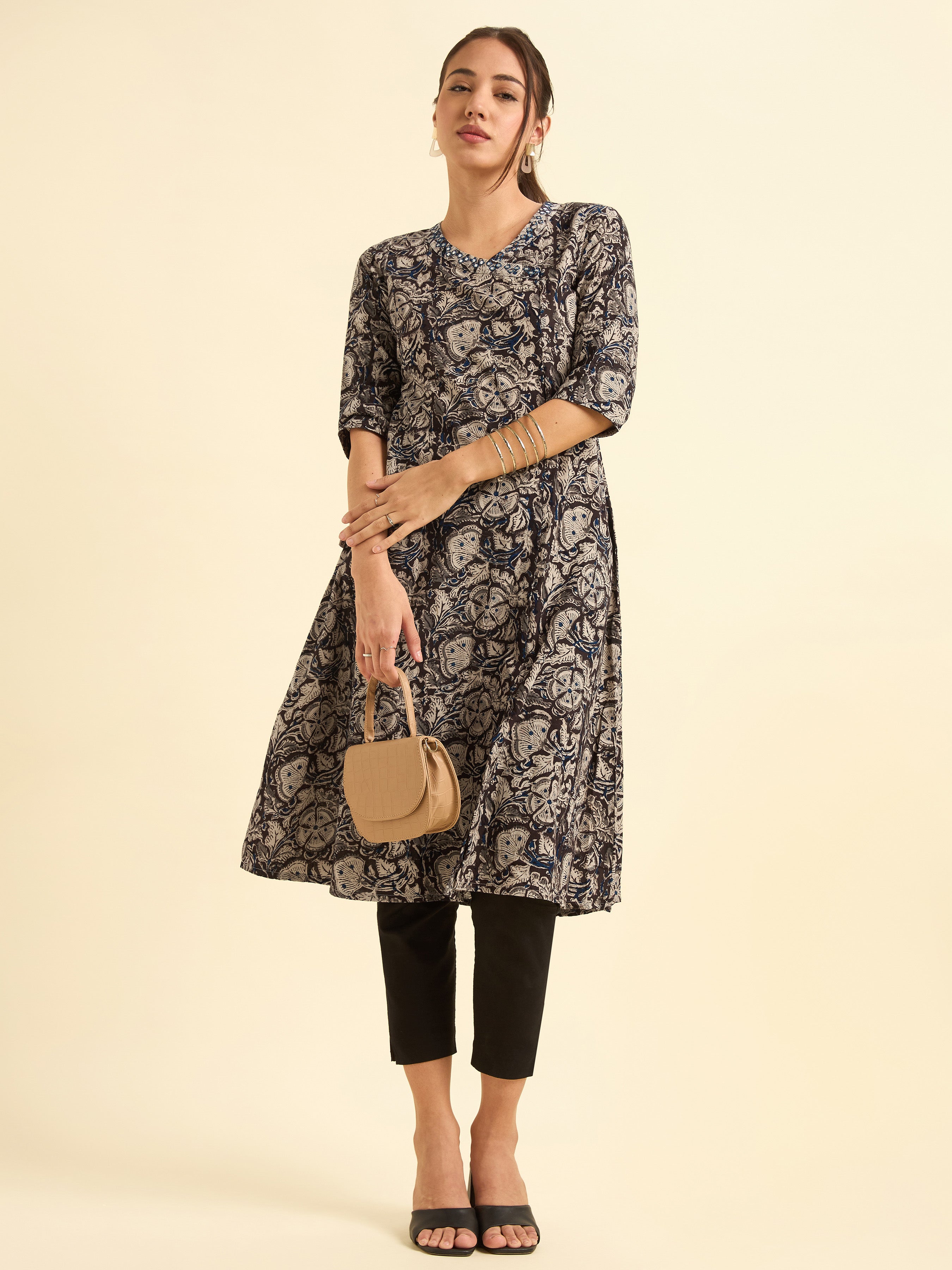 Multi Colour Angrakha Printed Flared Kurti With Mirror Work