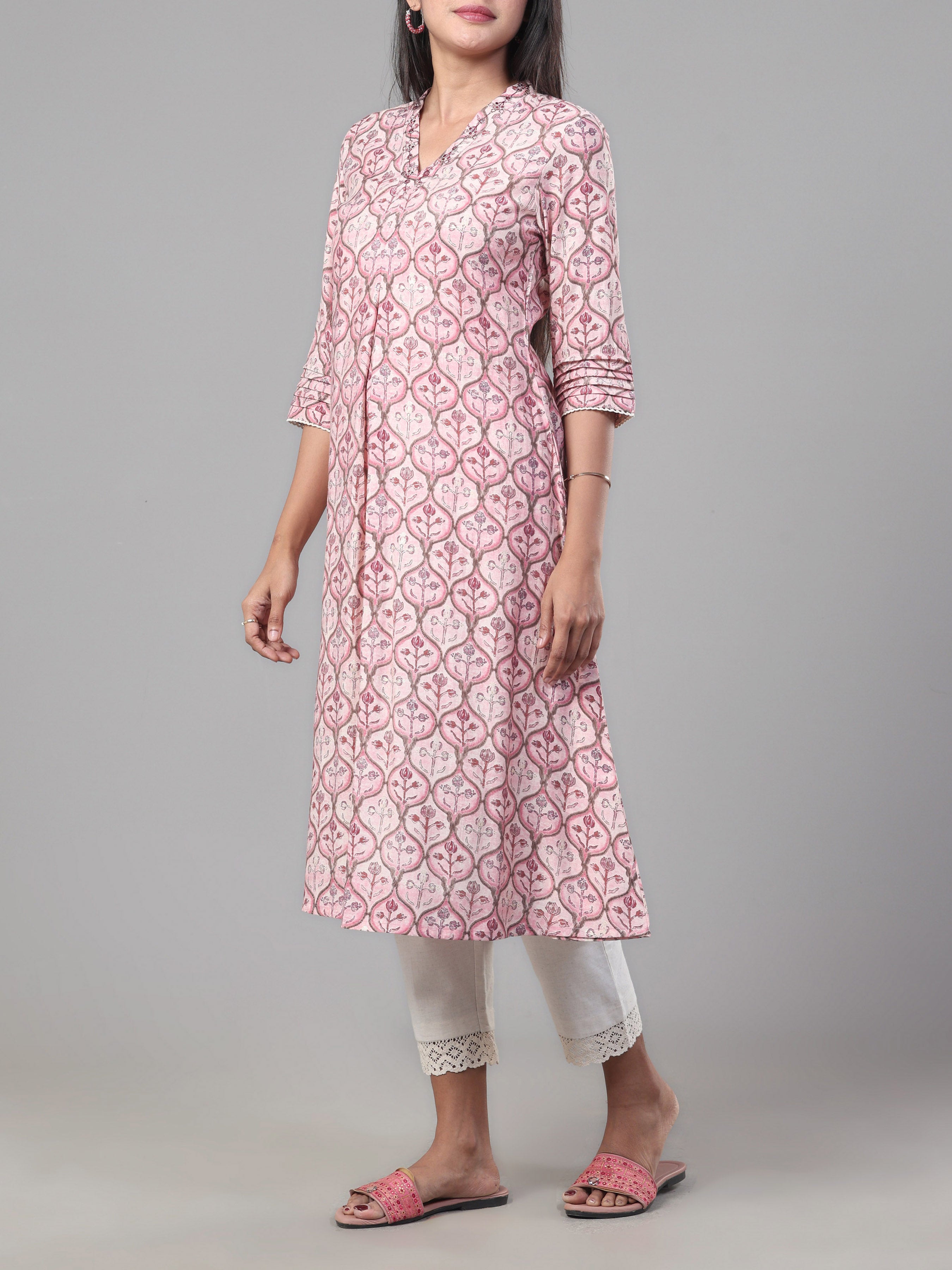 Pink Modal Chanderi Kurti With Embroidery