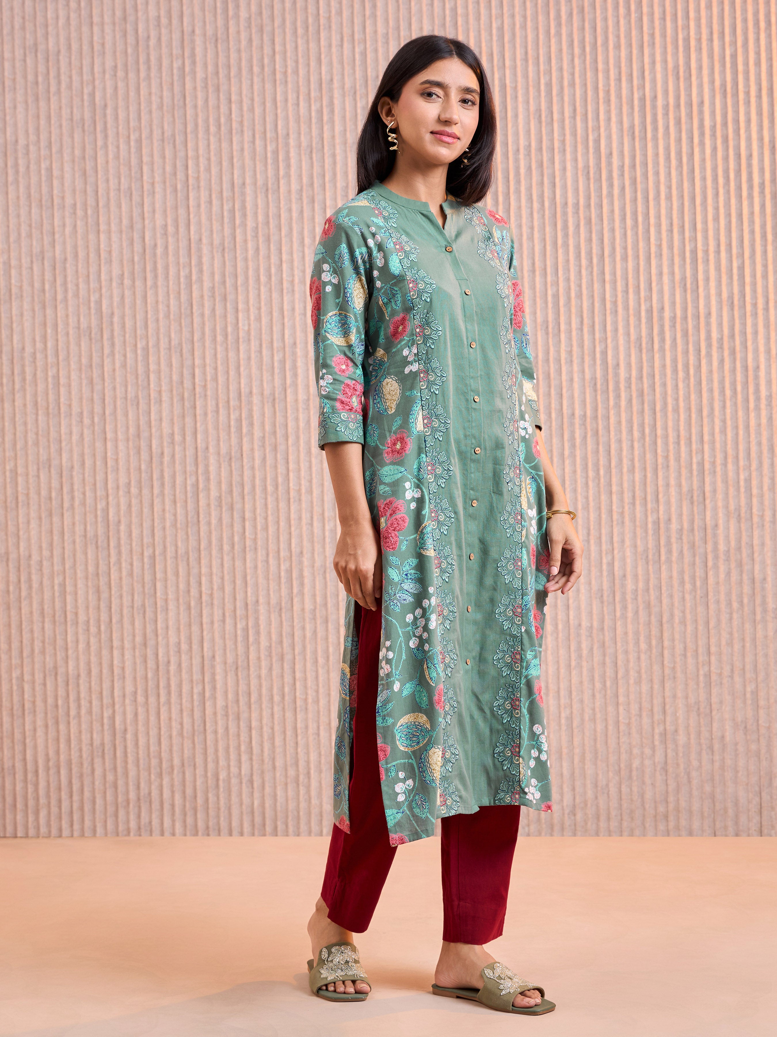 Sage Green Cotton Flax Printed Kurti With Embroidery