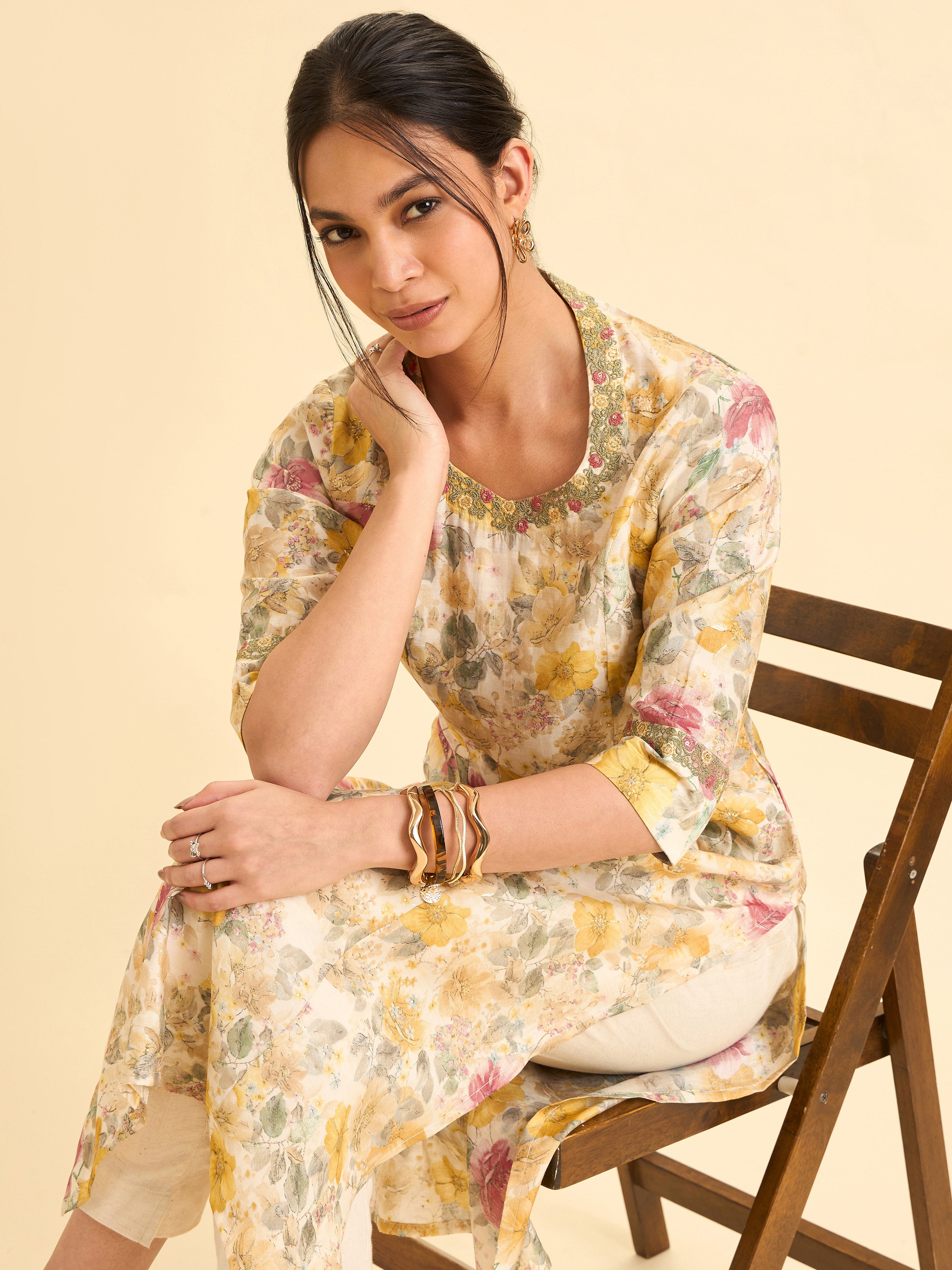 Ivory Modal Chanderi Printed Princess Cut Slitted Kurti With Embroidery