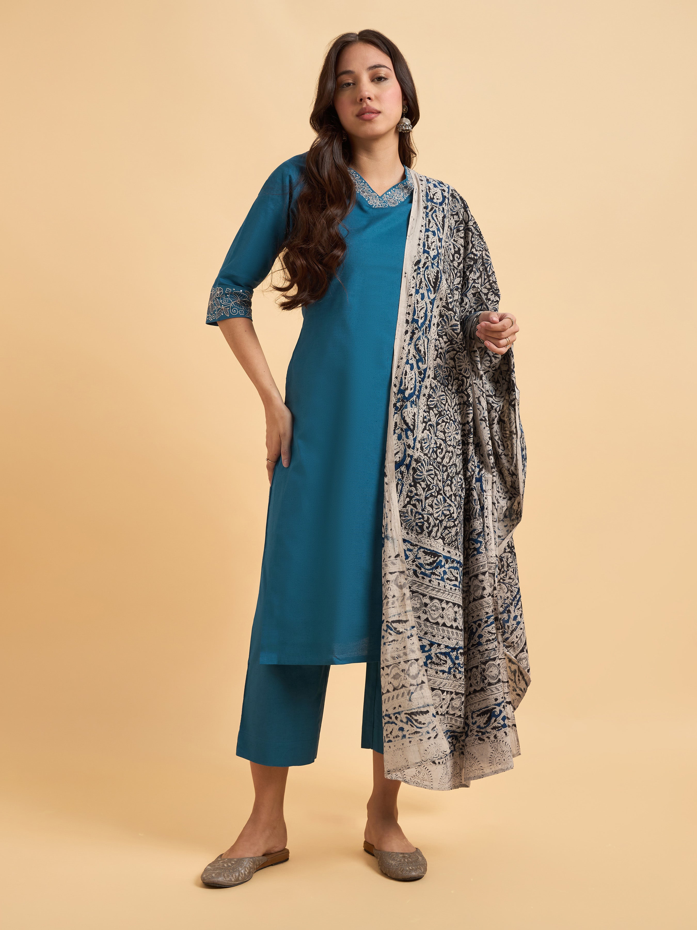 Classic Blue Cotton Flax Plain Kurti Set With Kalamkari Dupatta And Sequence Embroidery