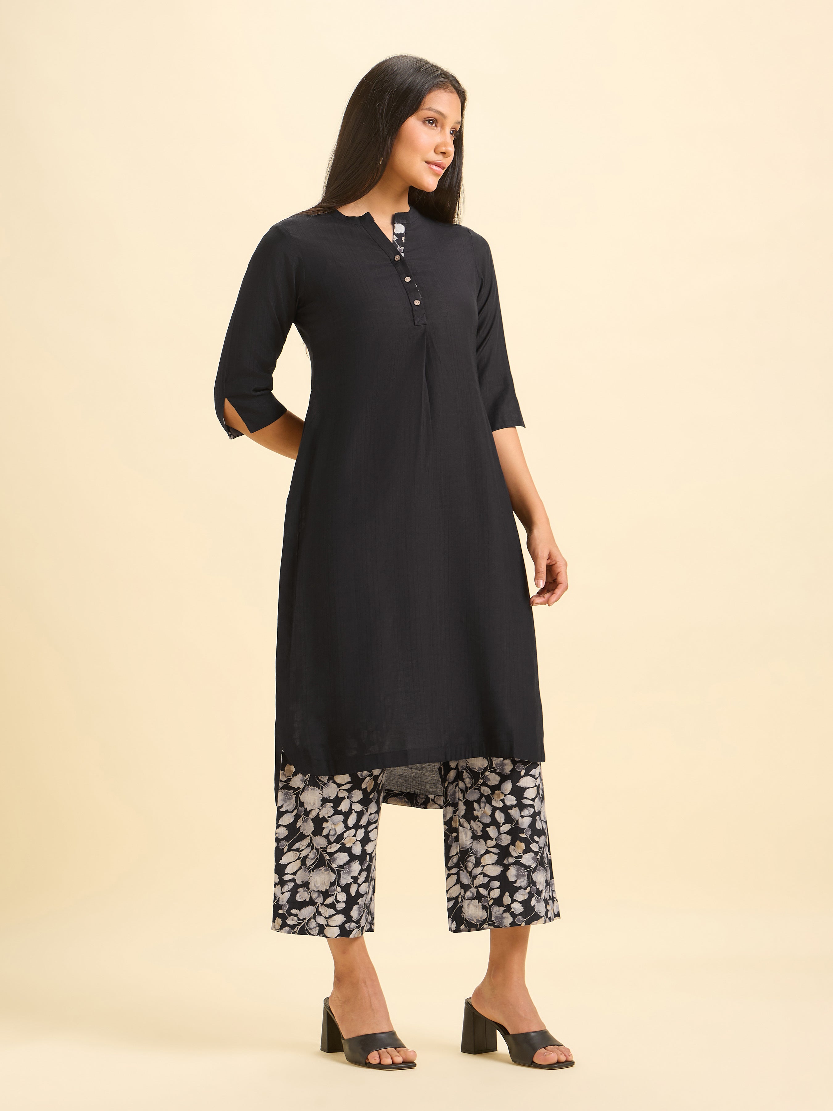 Black Viscose Blend Slit Kurti Set With High - Low Hem Line