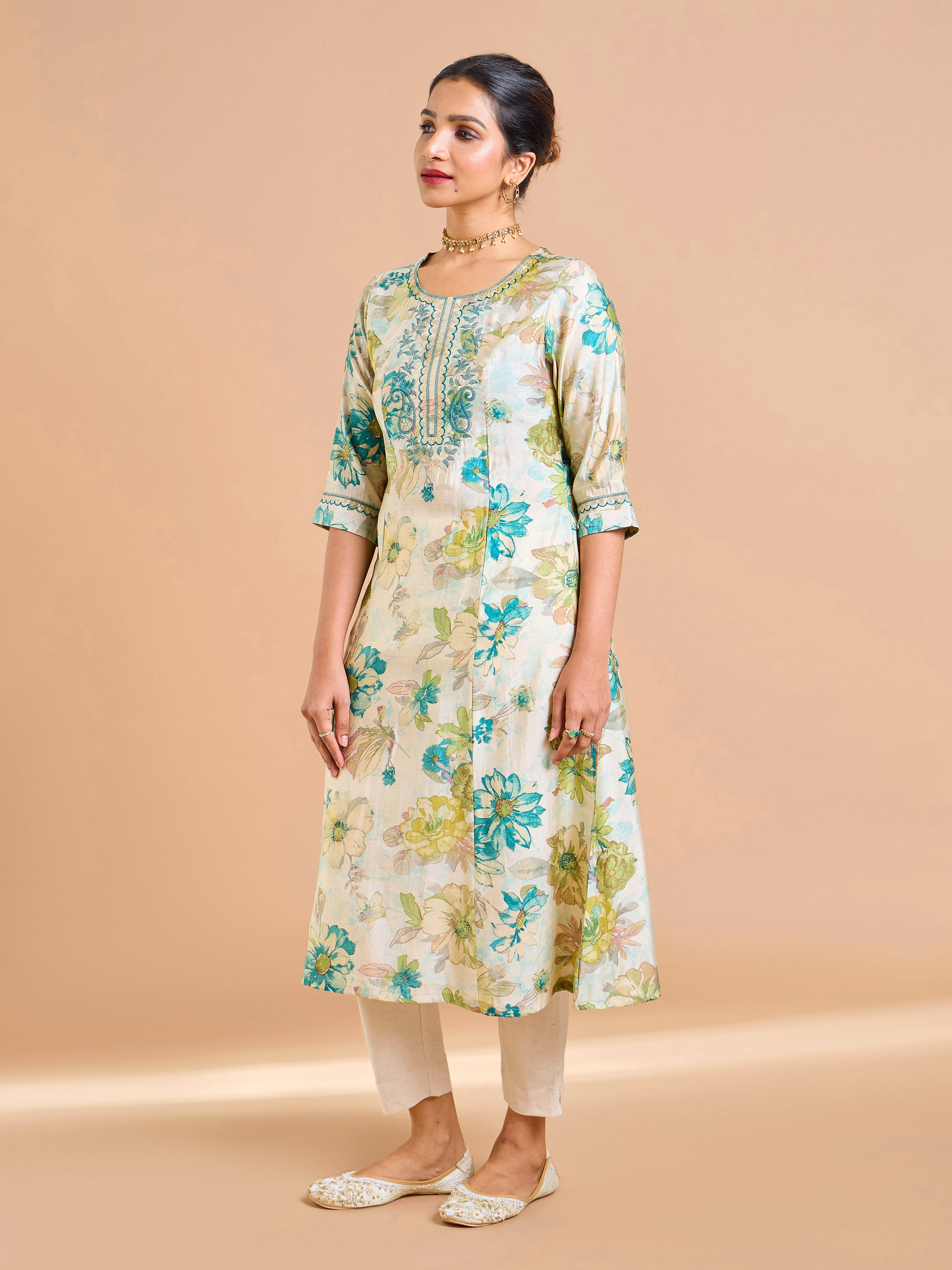 Aqua Blue Modal Chanderi Foil Printed Kurti With Sequins Embroidery