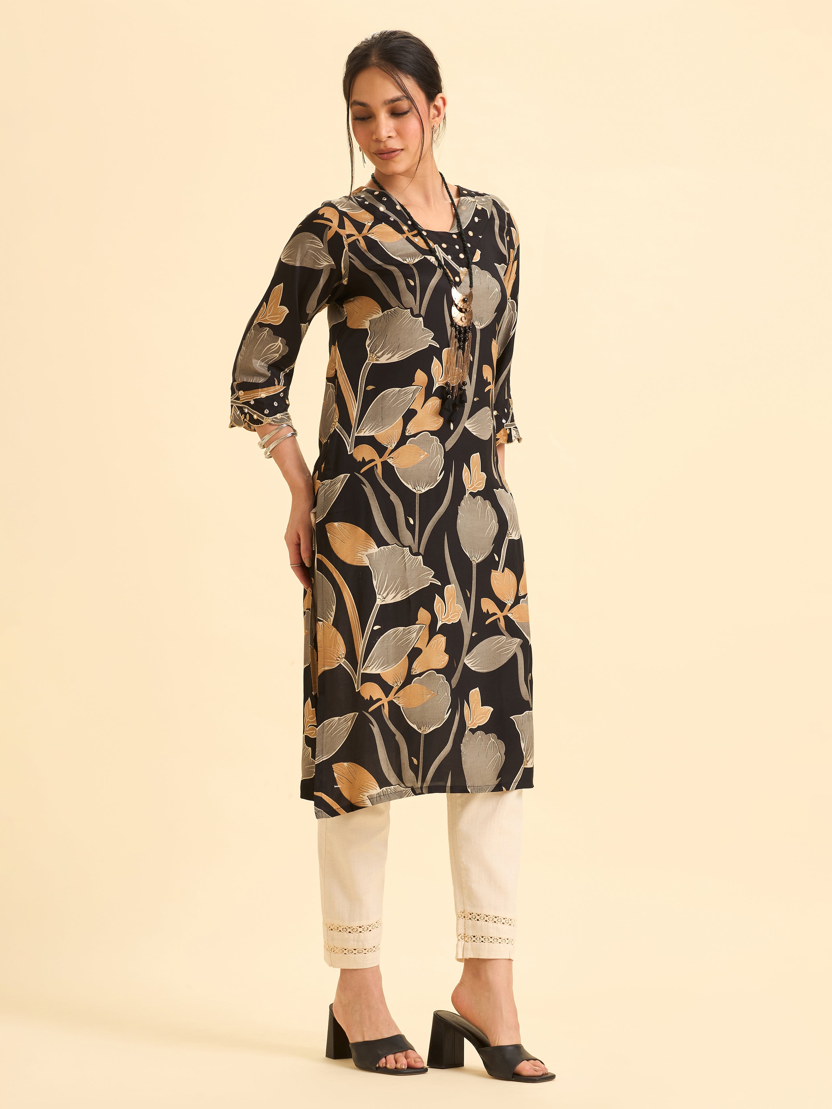 Black Modal Satin Slitted Kurti With Multi Colour Print And Mirror Work