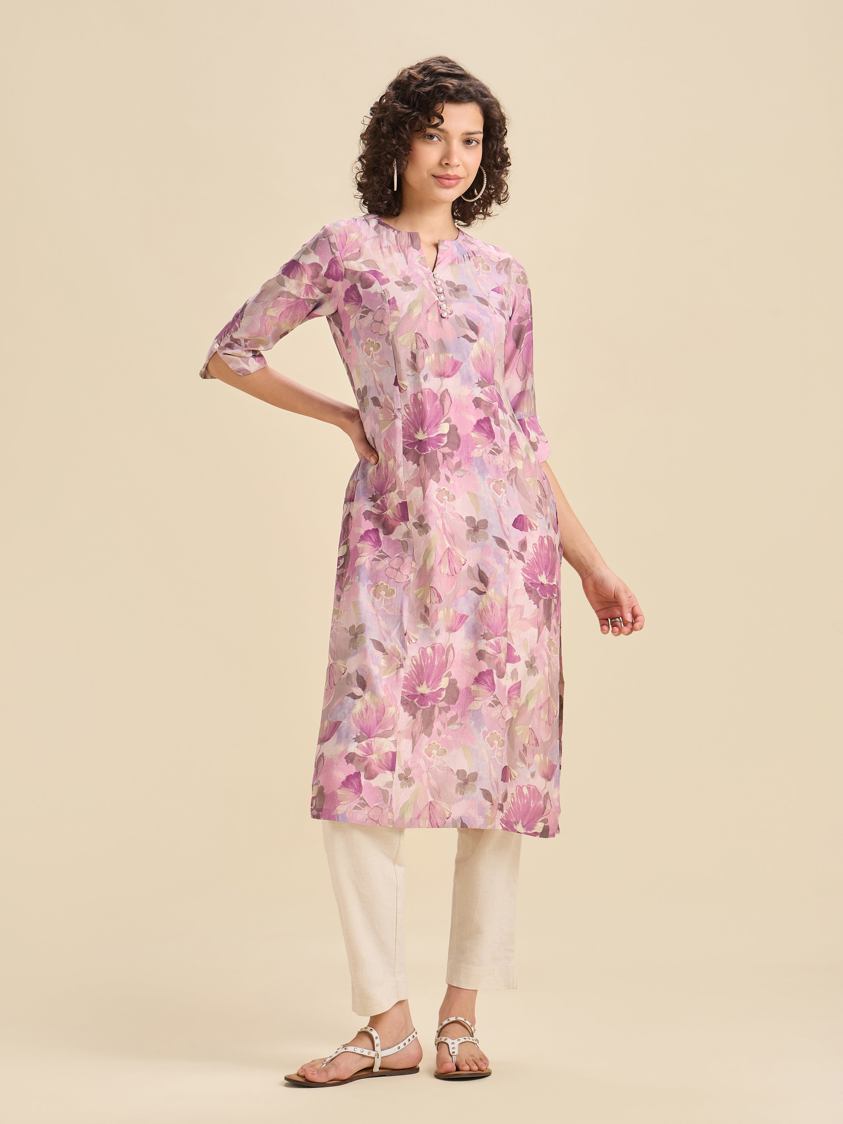 Lilac Modal Chanderi Printed Slited Kurti With Princess Cut