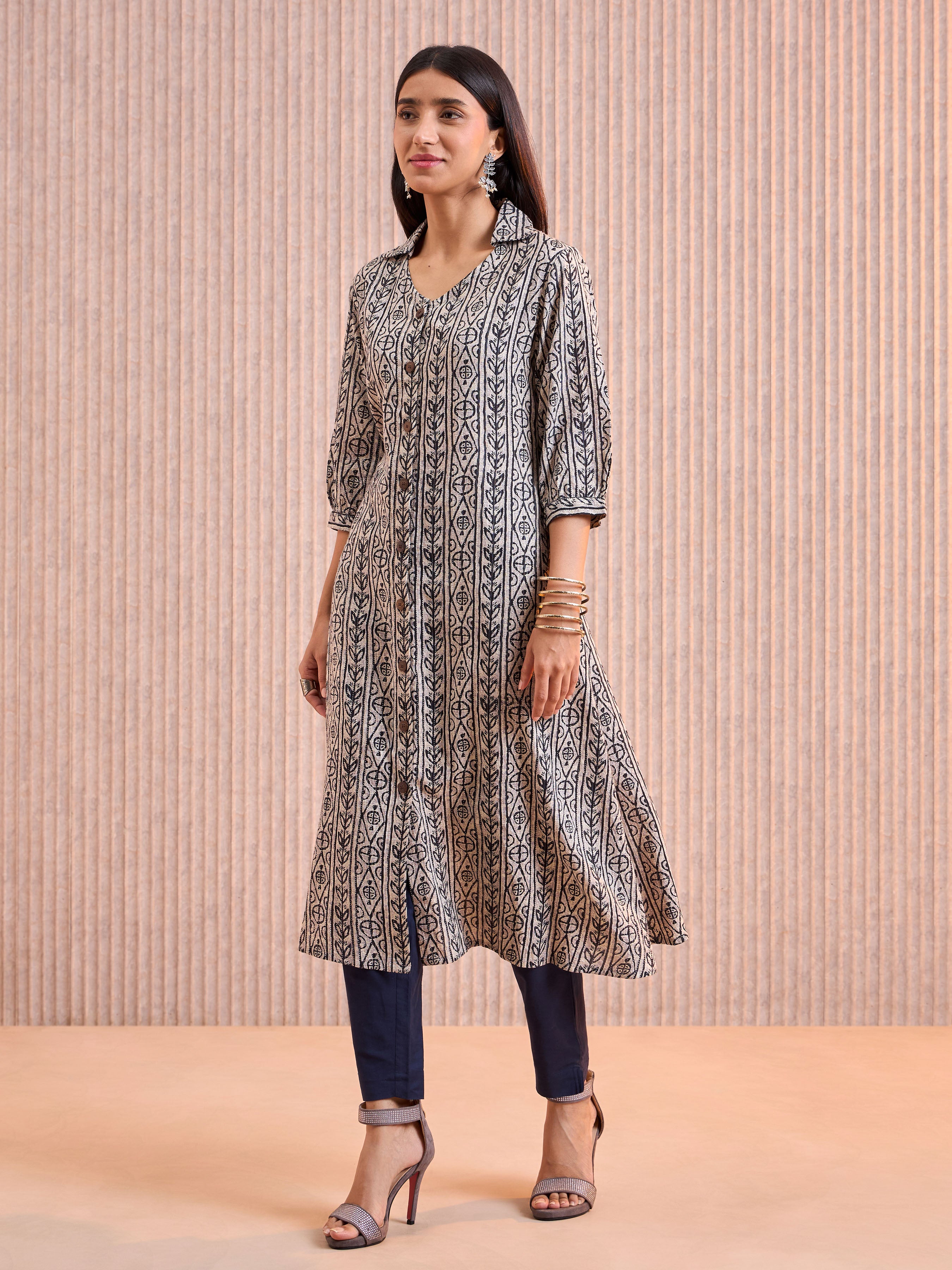 Light Grey Cotton Printed Flared Kurti