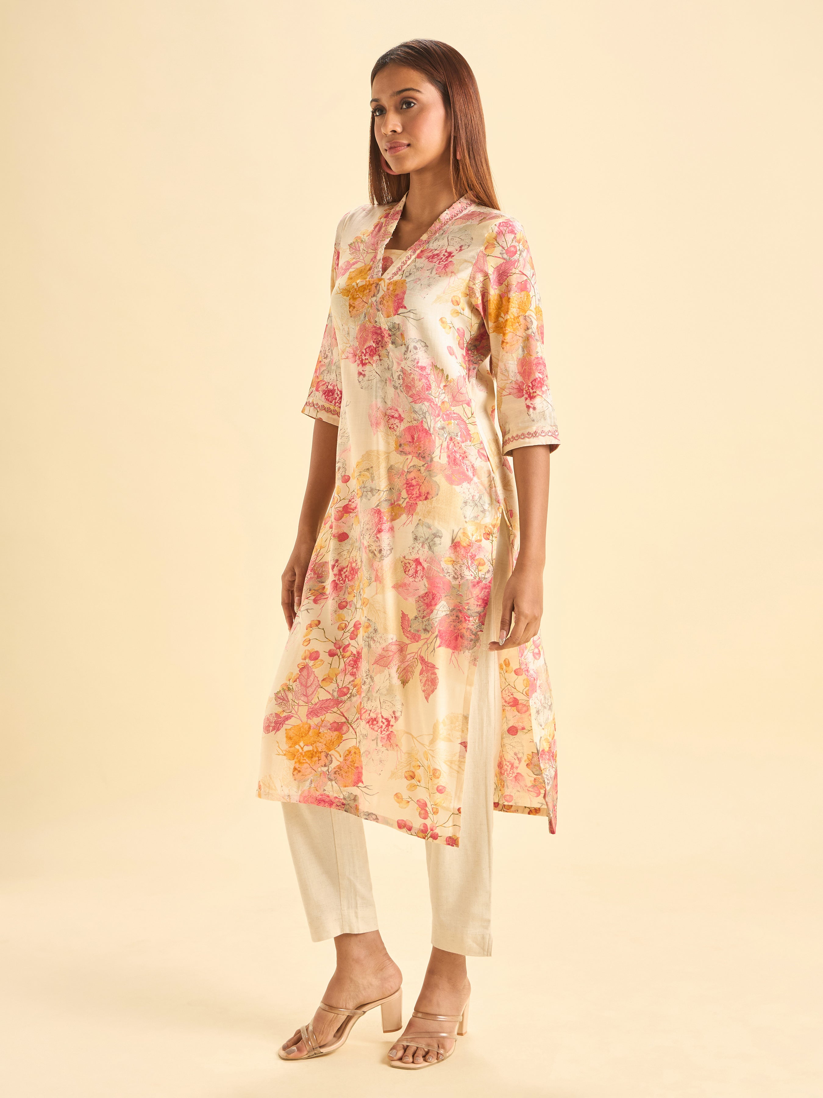 Multi Colour Modal Chanderi Printed Slited Kurti With Sequence Embroidery