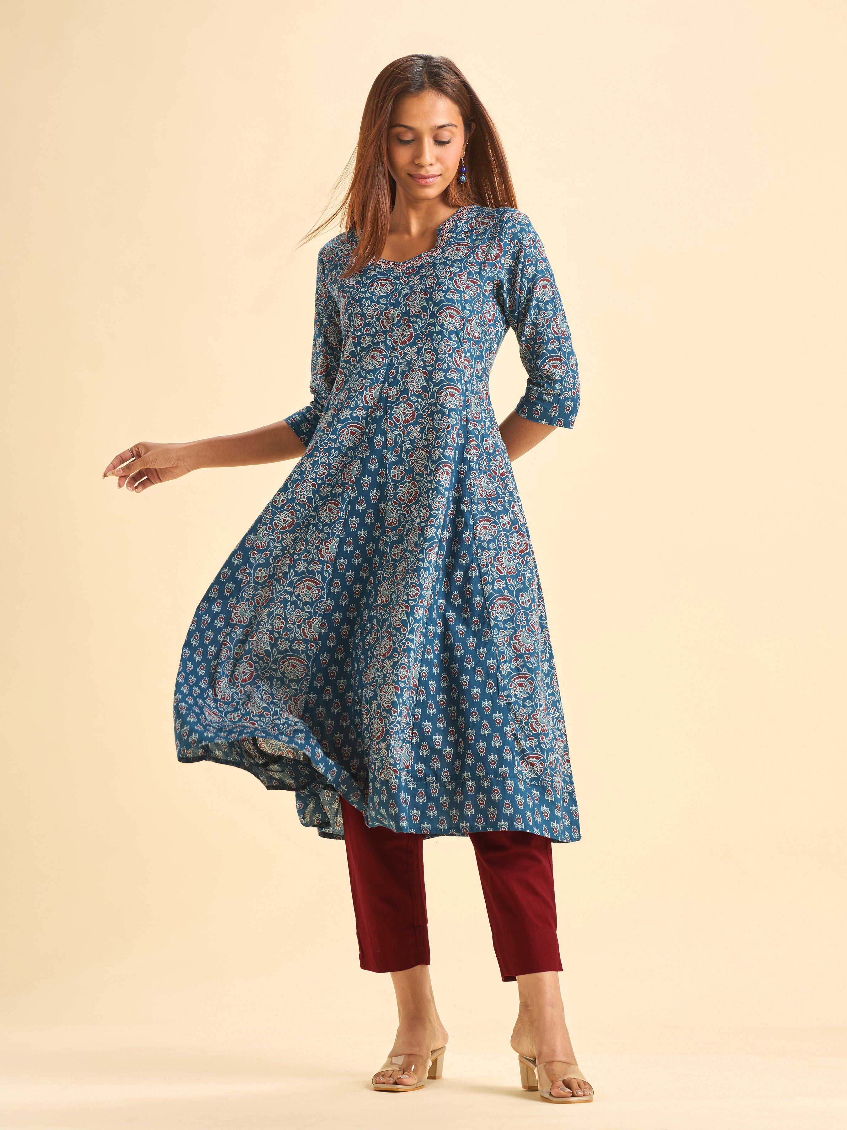 Blue Pure Cotton Printed Flared Kalicut Kurti With Embroidery And Sequins