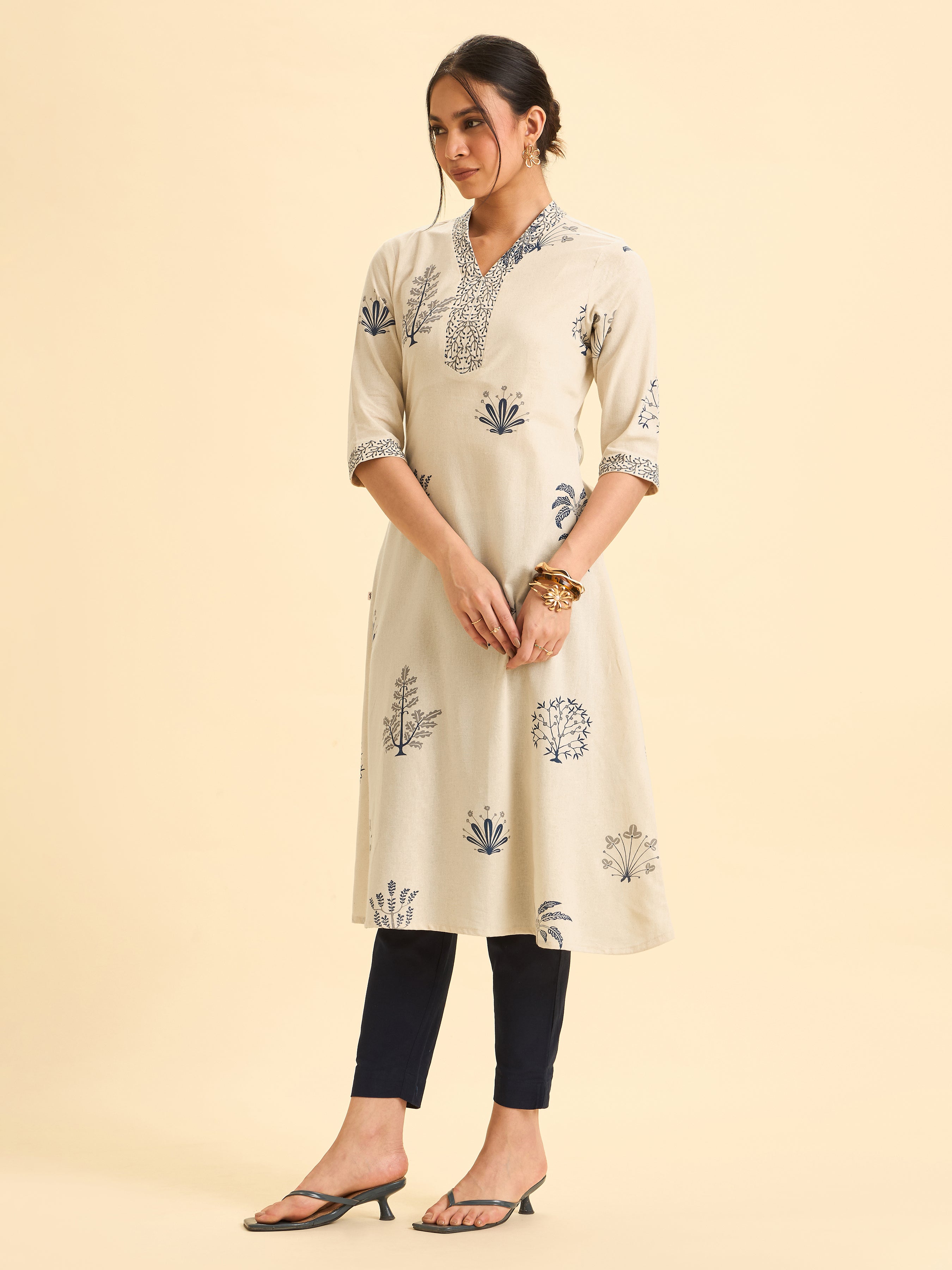 Ivory Cotton Flax Printed Flared Kurti With Embroidery