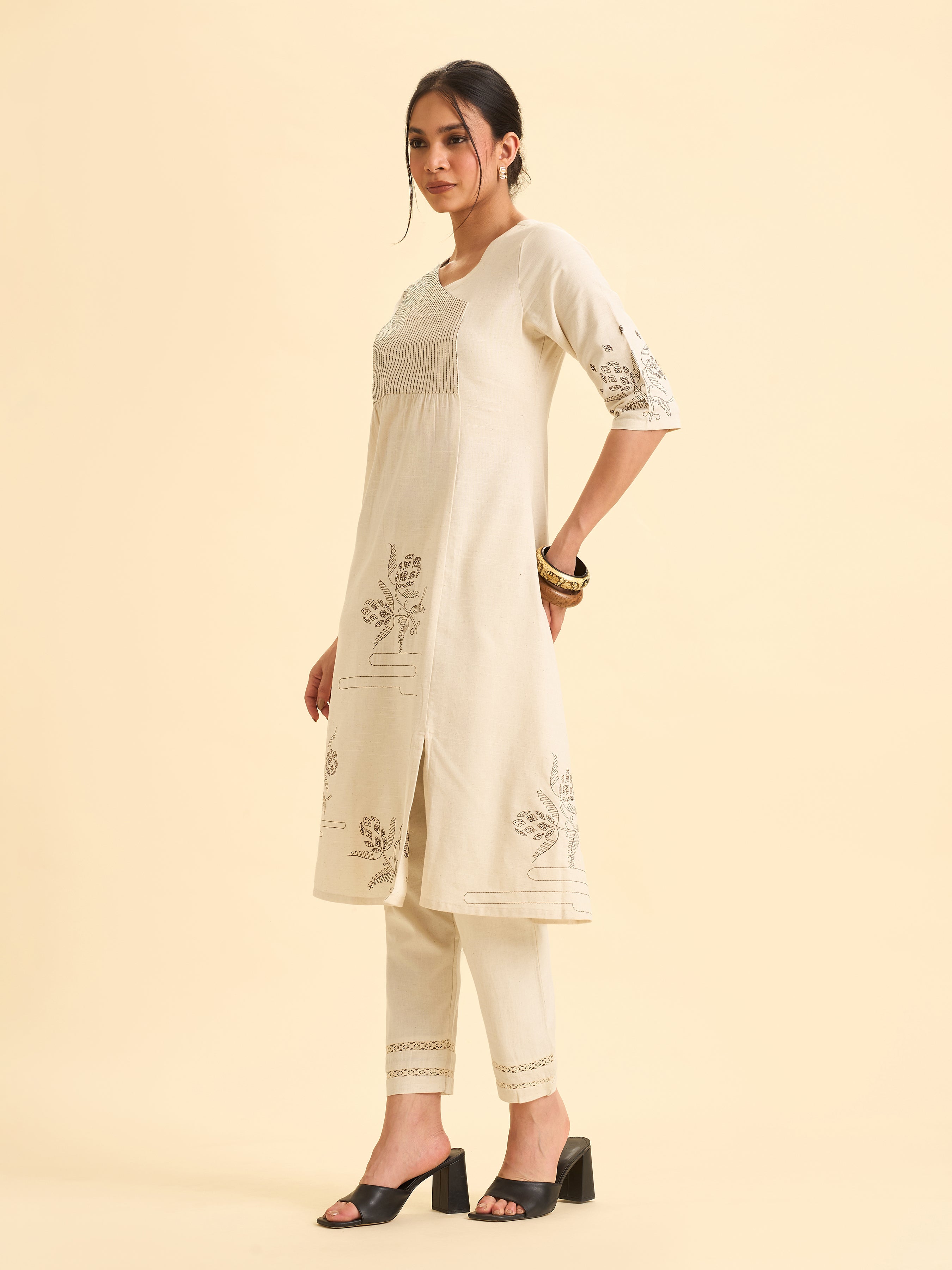 Ivory Cotton Flax Slub Embroideriy Kurti With Panelcut And Gathers