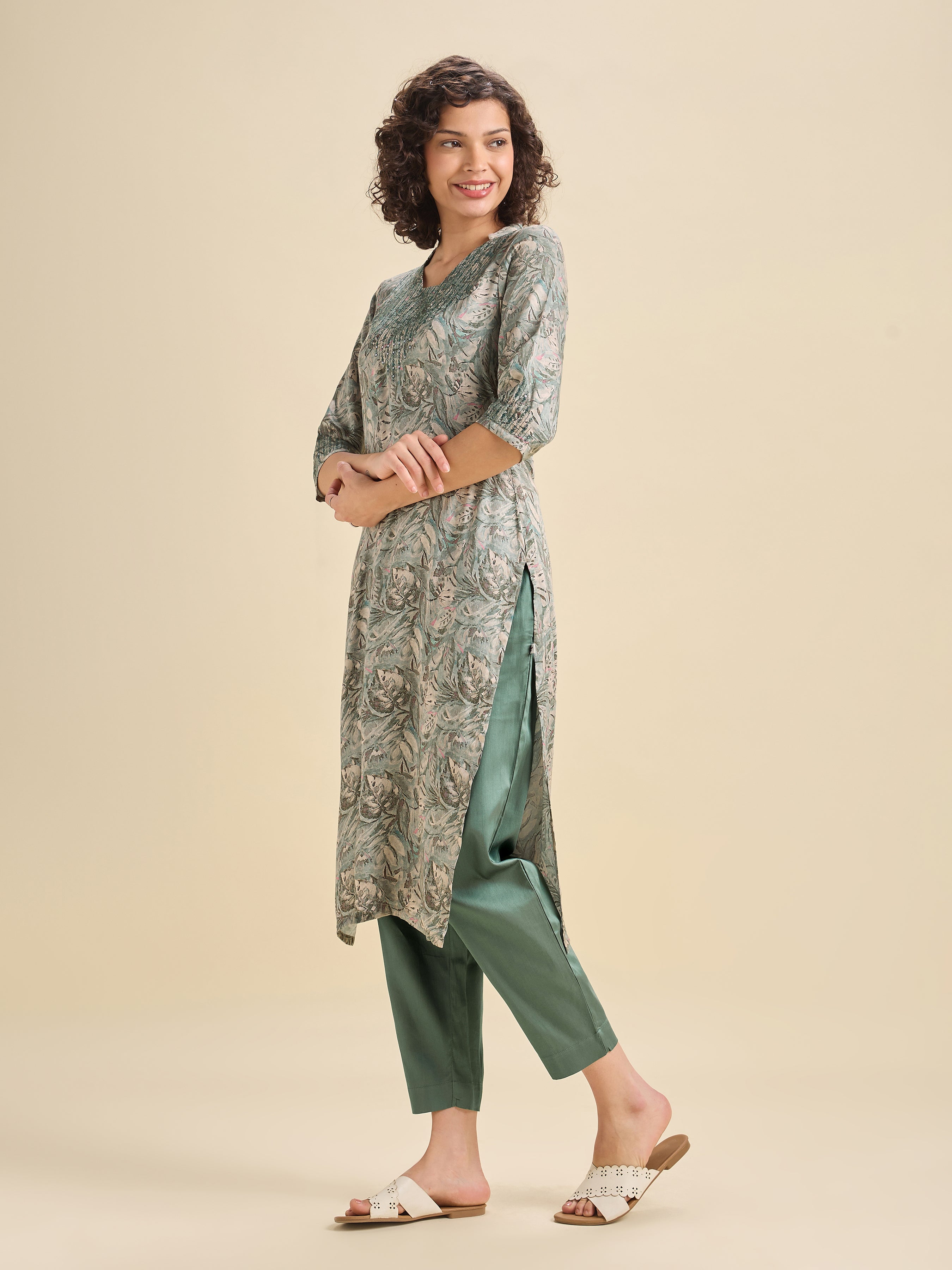 Sage Green Modal Satin Slited Kurti Set With Embroidery & Sequins Work