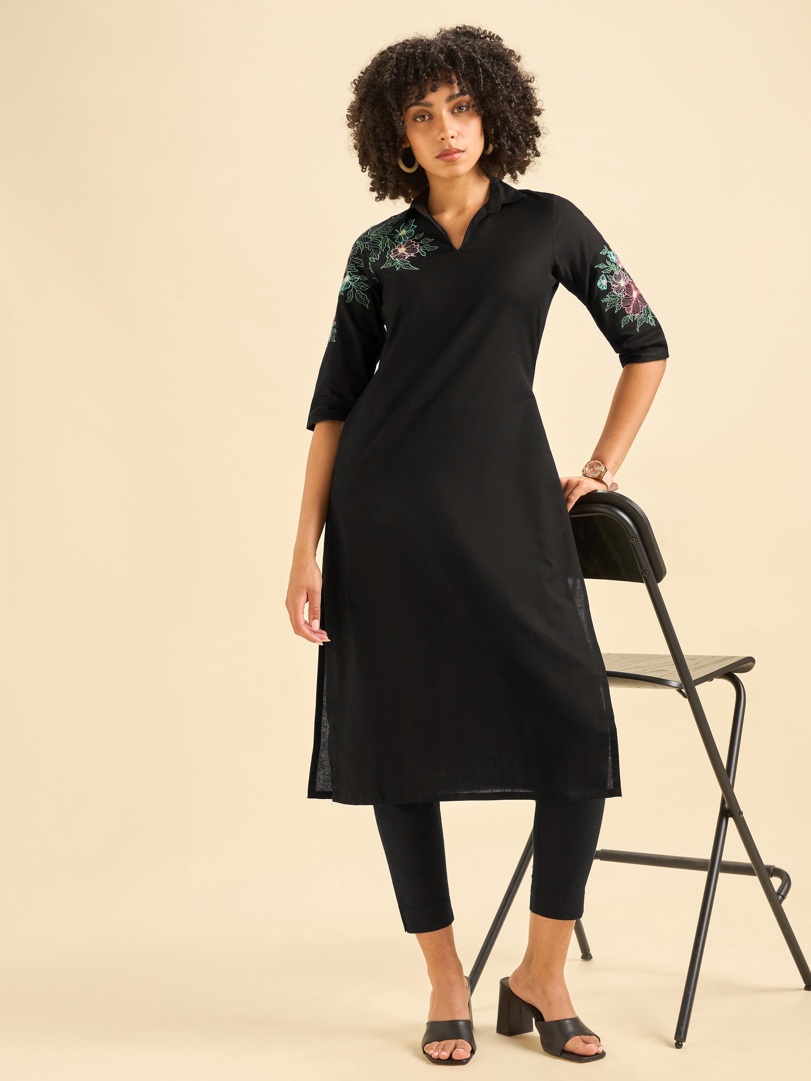 Black Cotton Flax Plain Slited Kurti With Embroidery