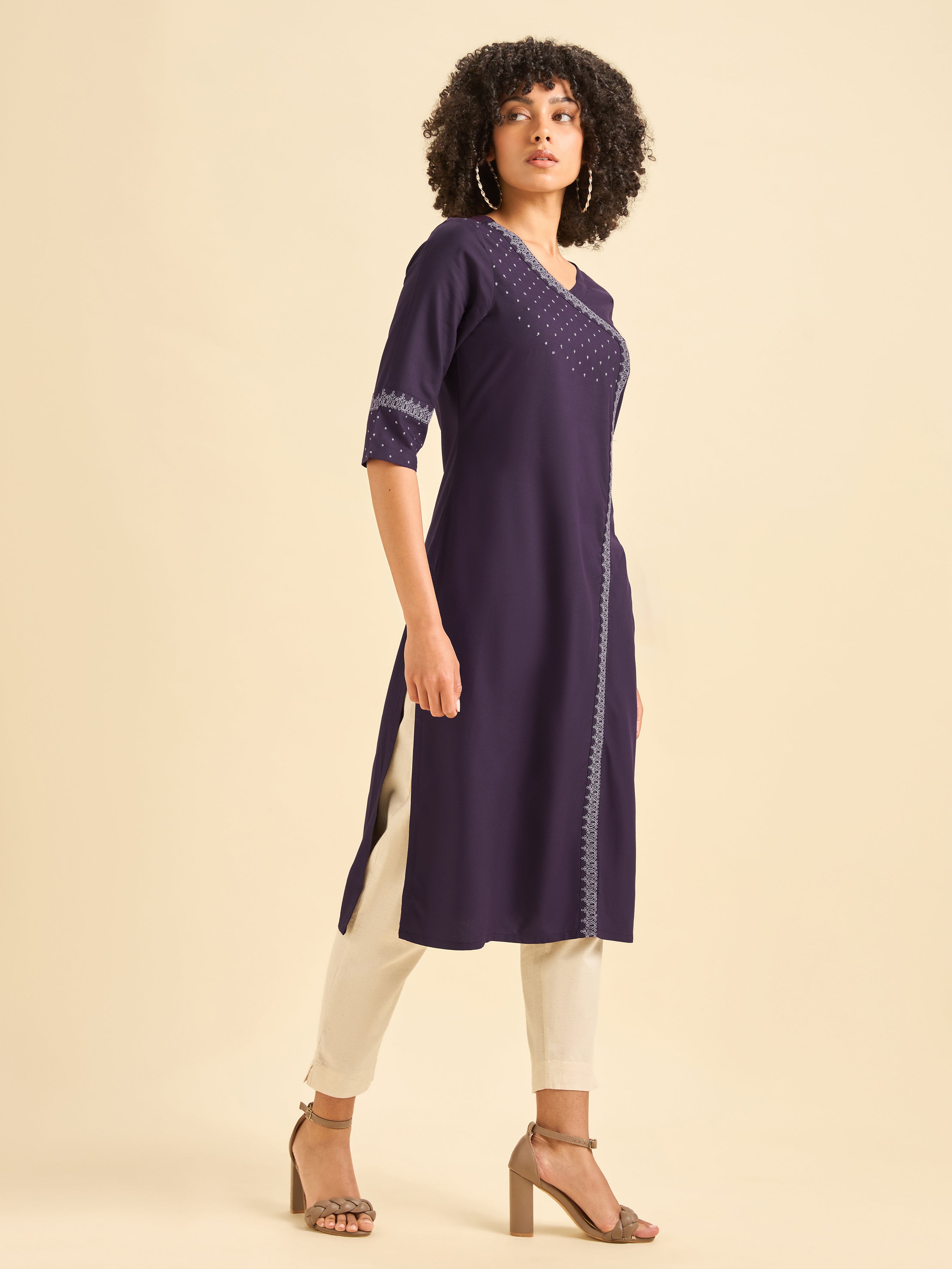 Purple Viscose Plain Slited Kurti With Embroidery