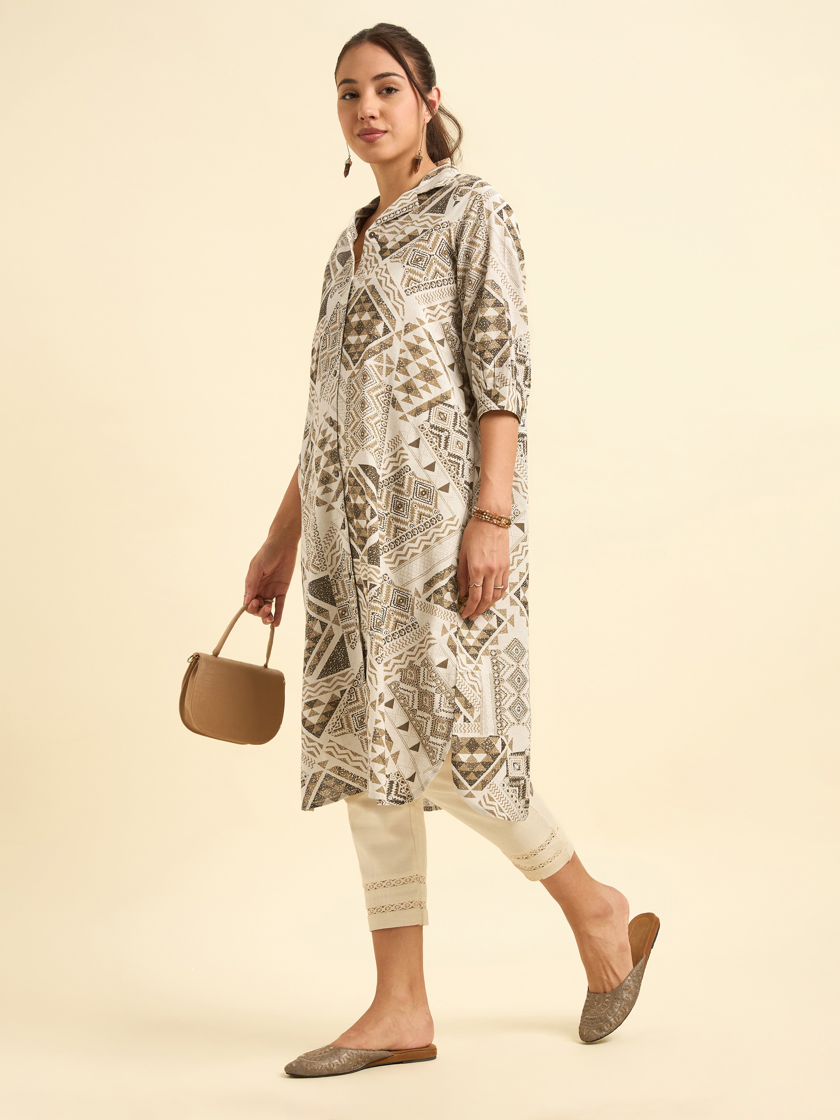 Ivory Multi Cotton Flax Printed Flared Kurti With Relaxed Fit