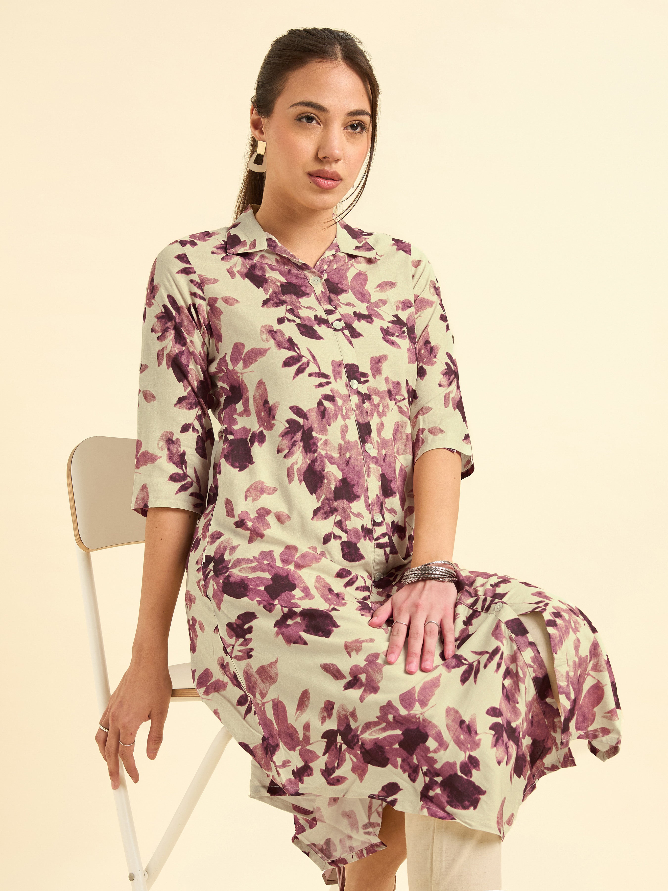 Ivory Wine Red Viscosew Printed Kurti With Shaped Hemline