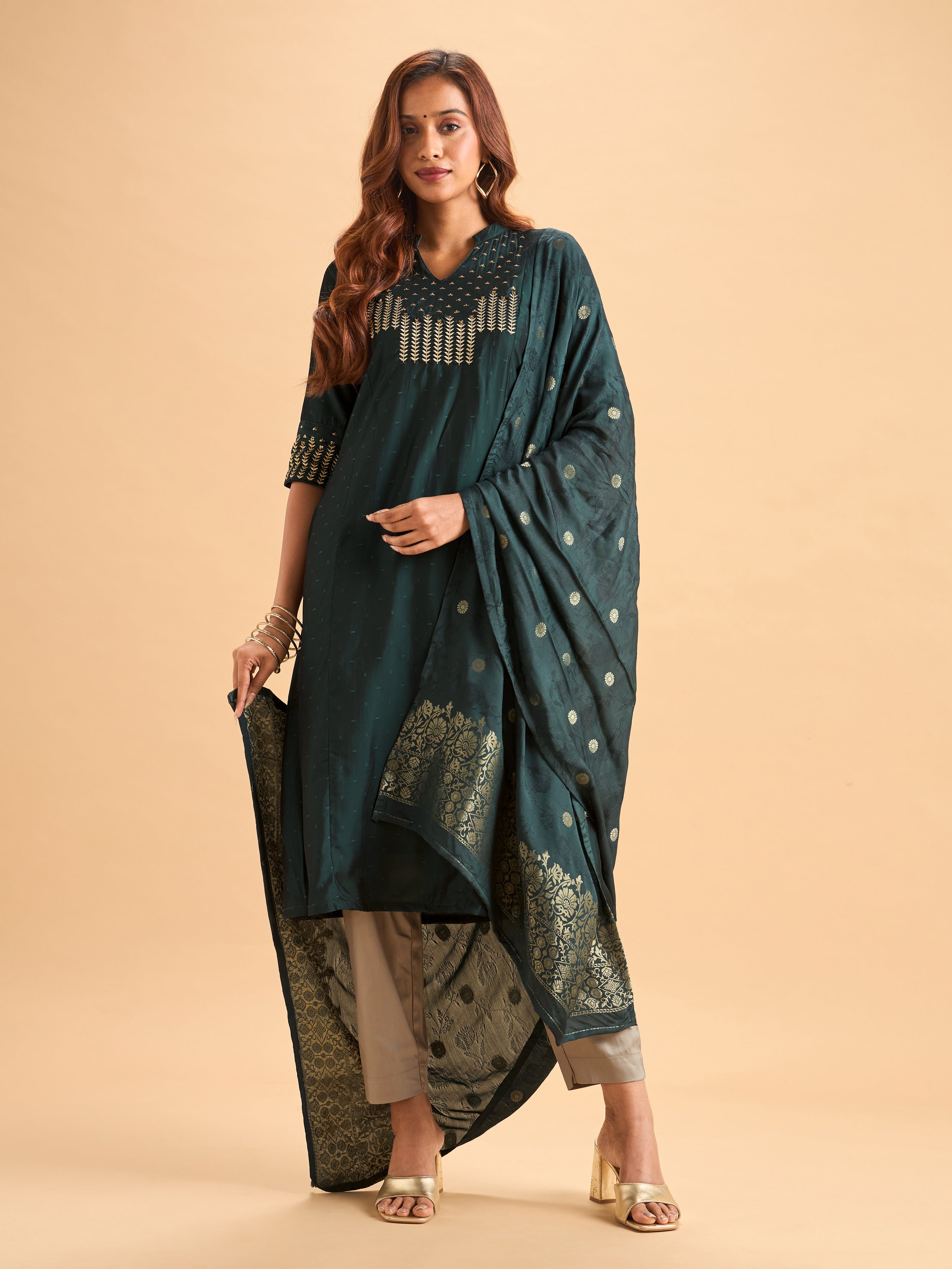 Women Wearing Bottle Green Viscose Blend Kurti Set With Dupatta And Handwork Embroidery