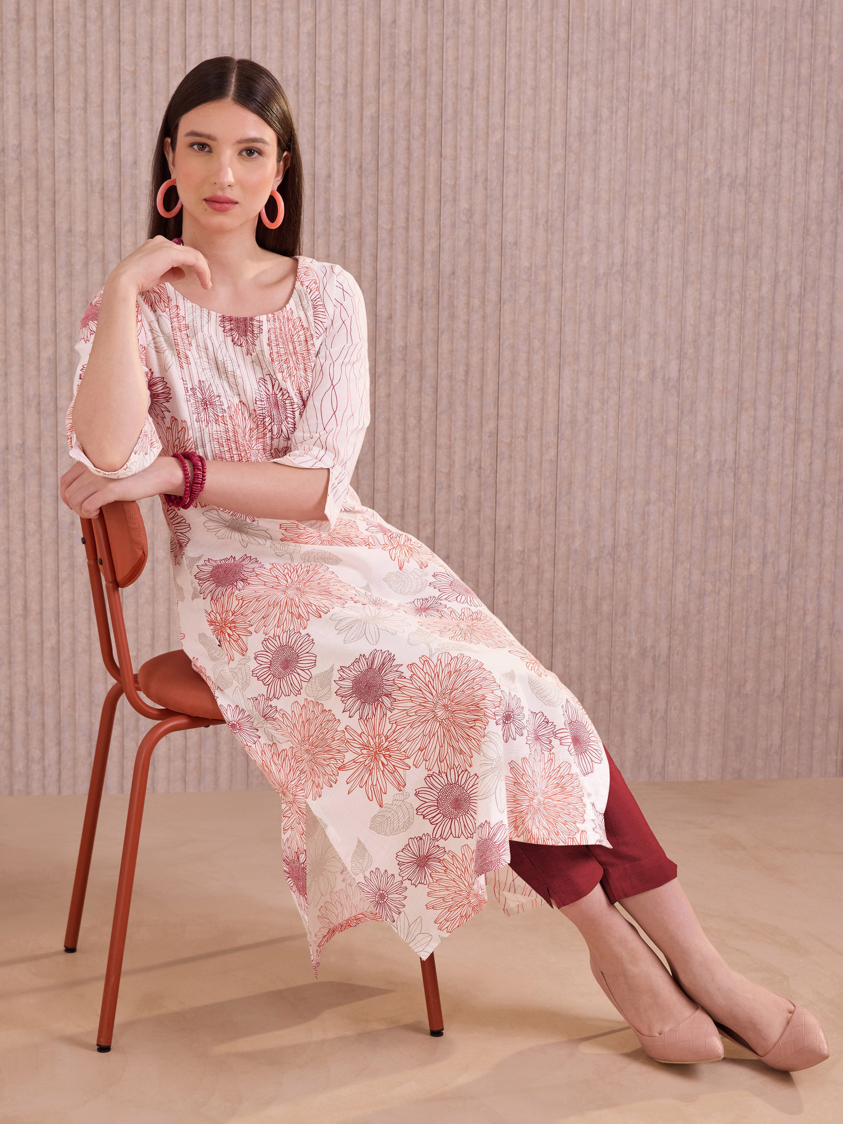 White Cotton Flax printed Kurti With Embroidery.