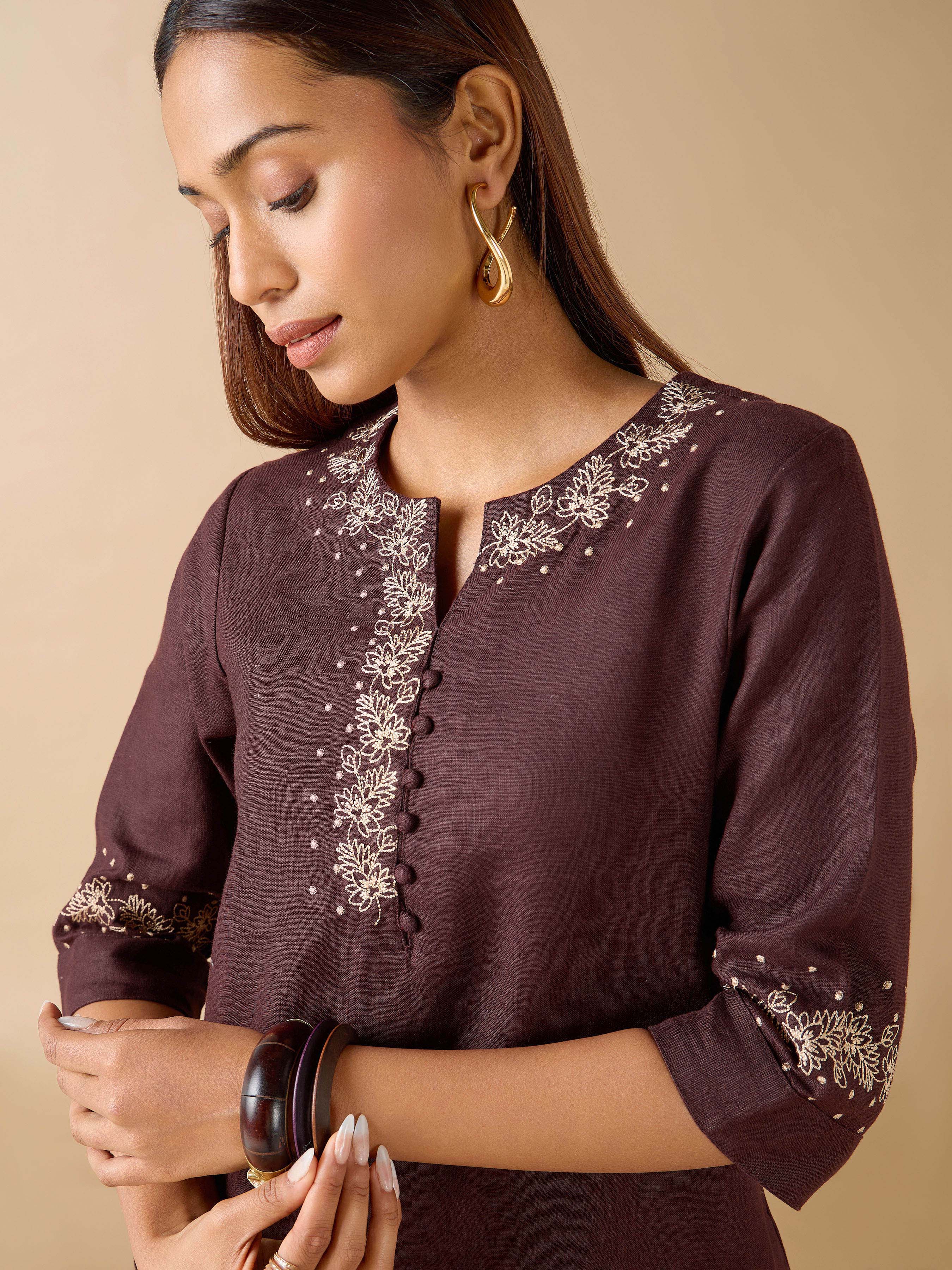 Coffee Brown Linen Plain Kurthi with Embroidery And Matching Bottom