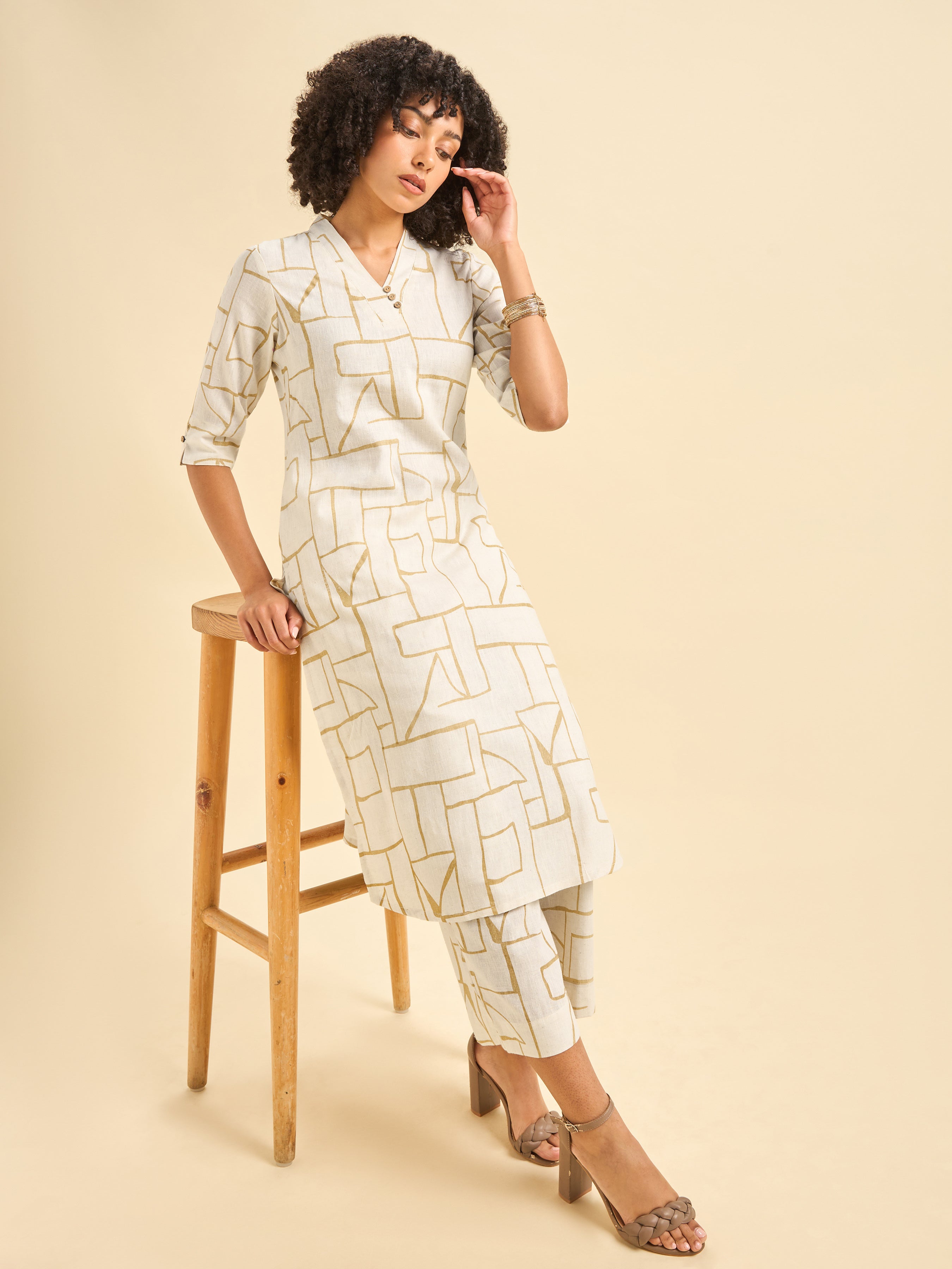 Ivory Cotton Linen Slited Printed Co-Ord Set