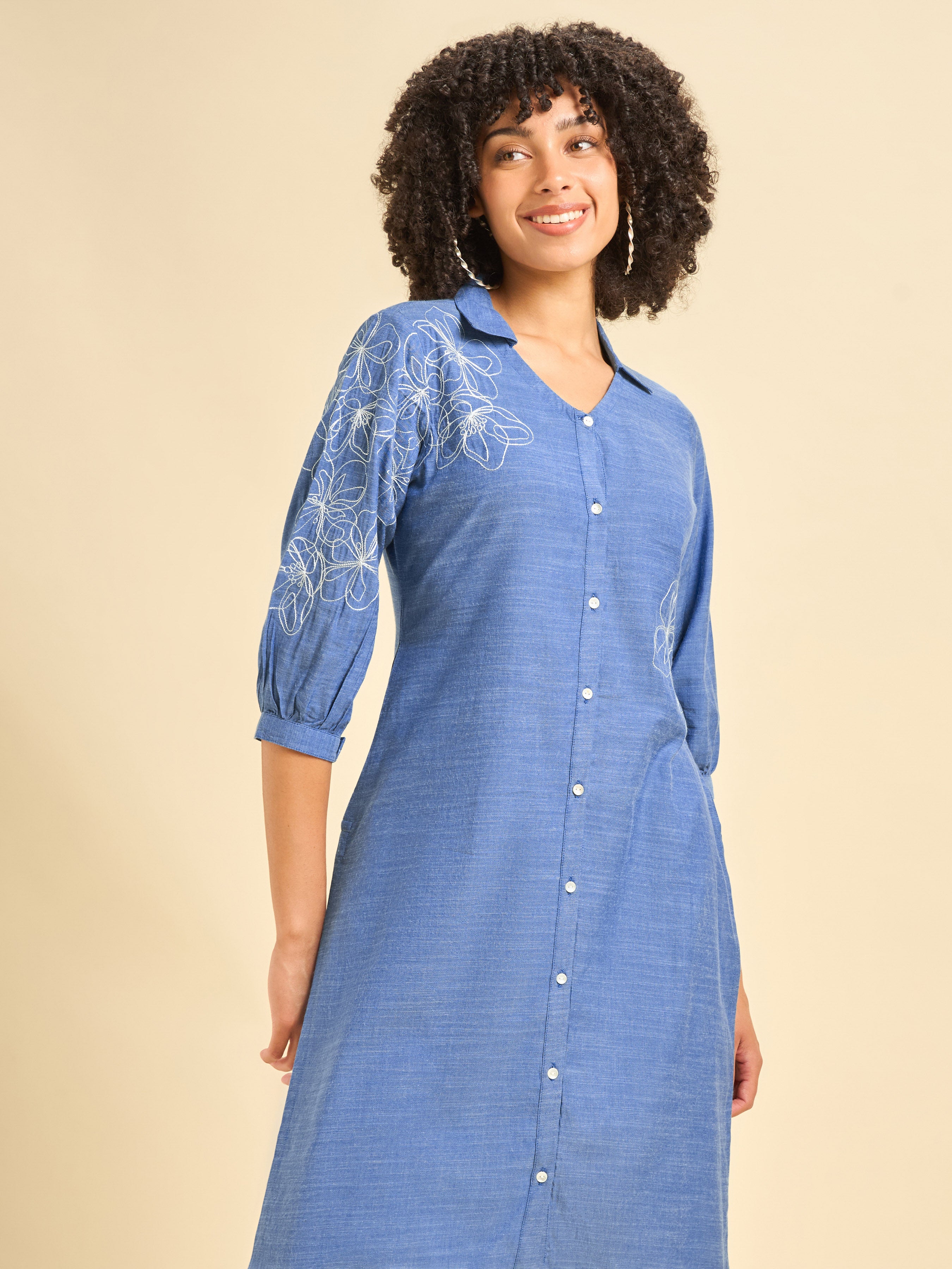 Blue Cotton Viscose Kurti With Embroidery
