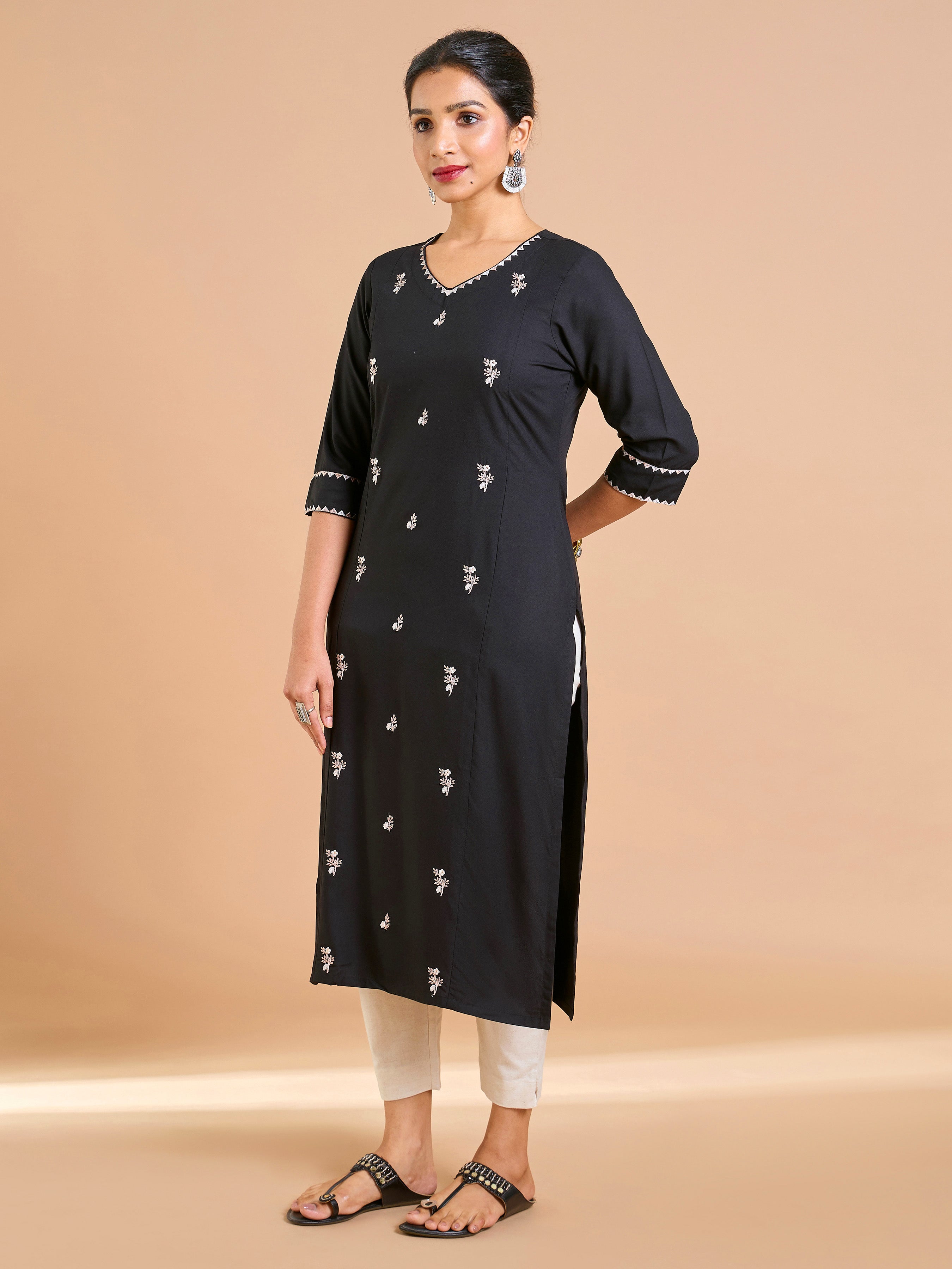 Black Viscose Plain Kurti With Embroidery And Sequins Work