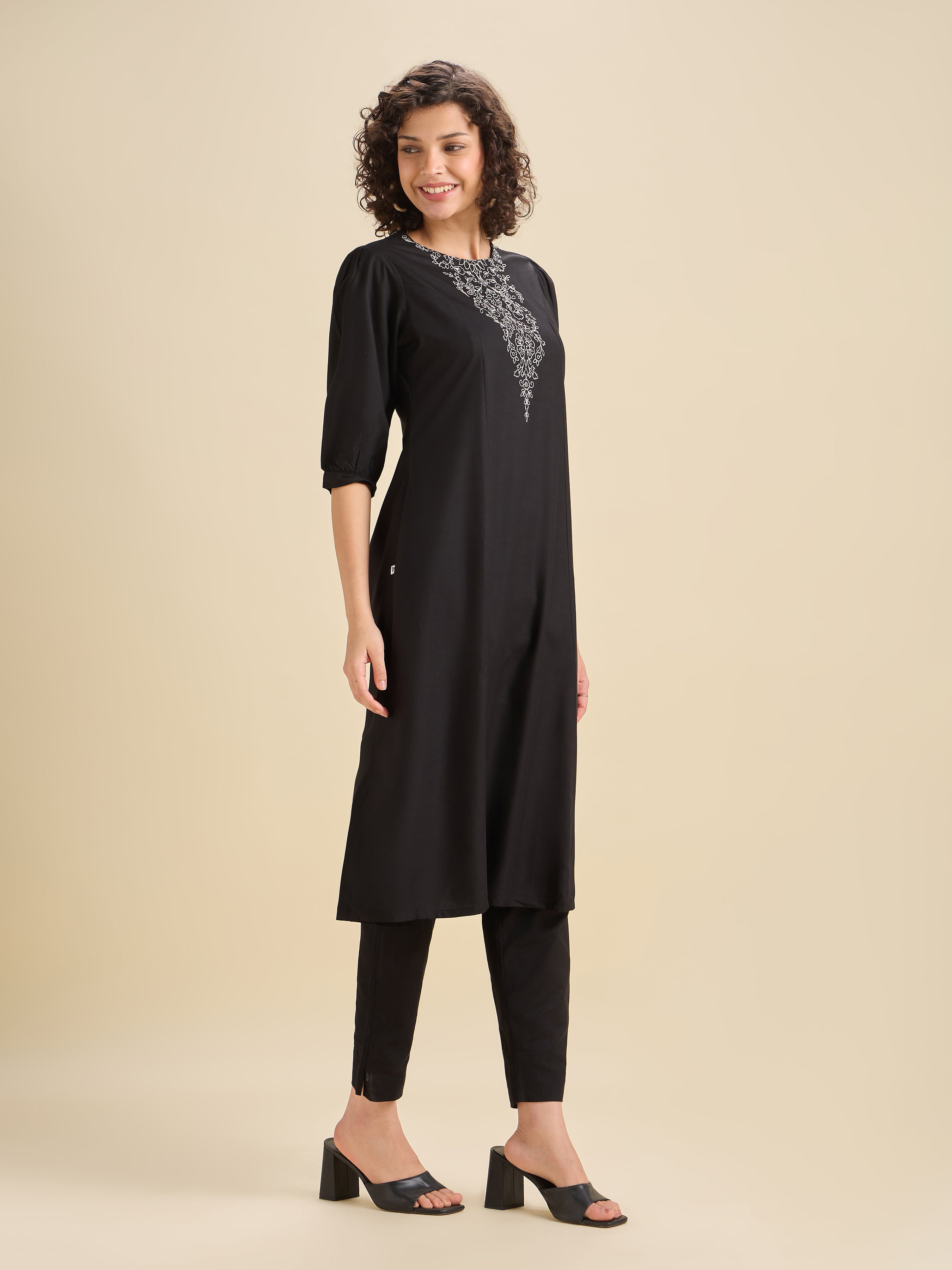 Black Viscose Plain Flared Center Panel Kurti With Embroidery