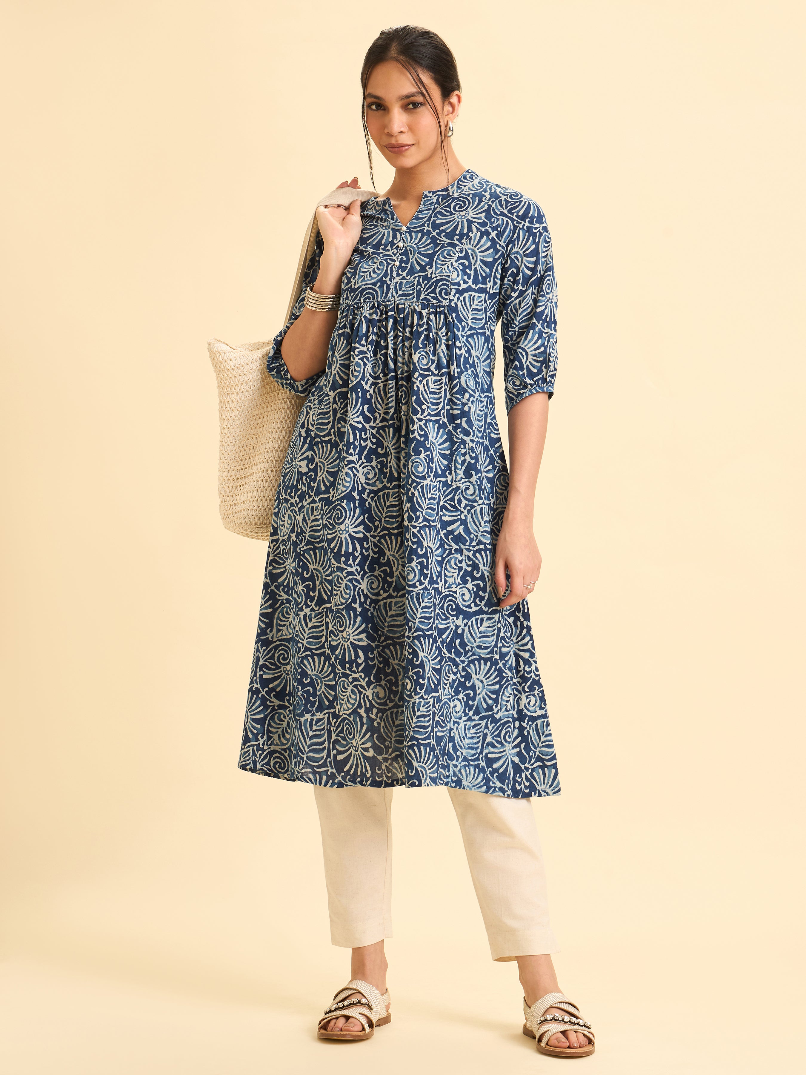 Indigo Pure Cotton Printed Flared Kurti With Sequins Work