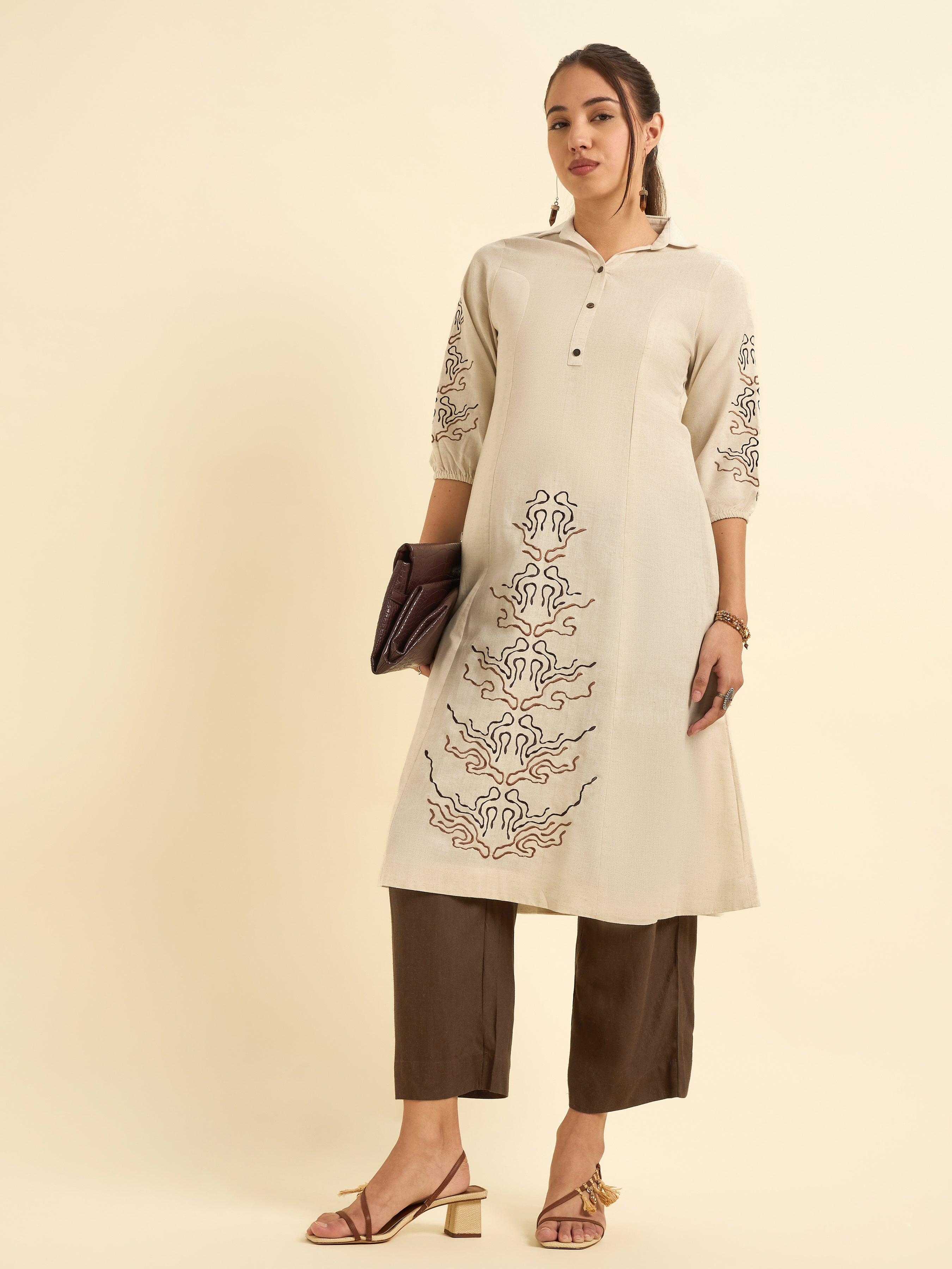 Ivory Cotton Flax Flared Kurti With Princess Cut And Embroidery