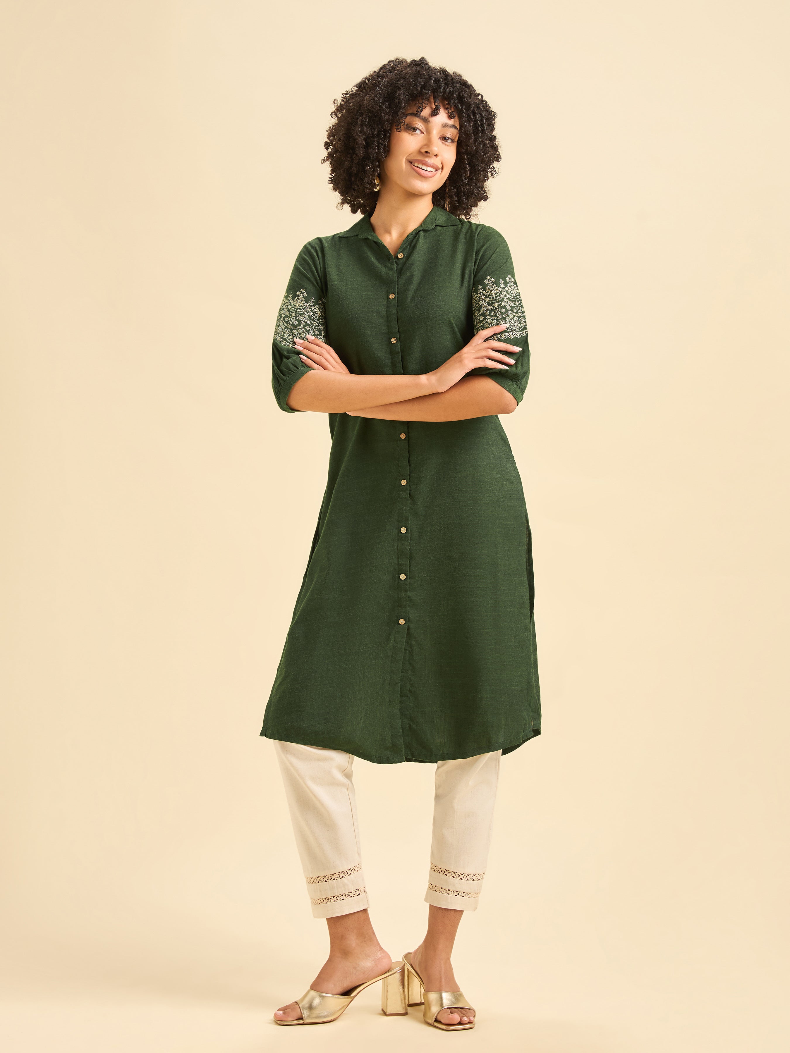 Olive Green Cotton Viscose Kurti With Embroidery