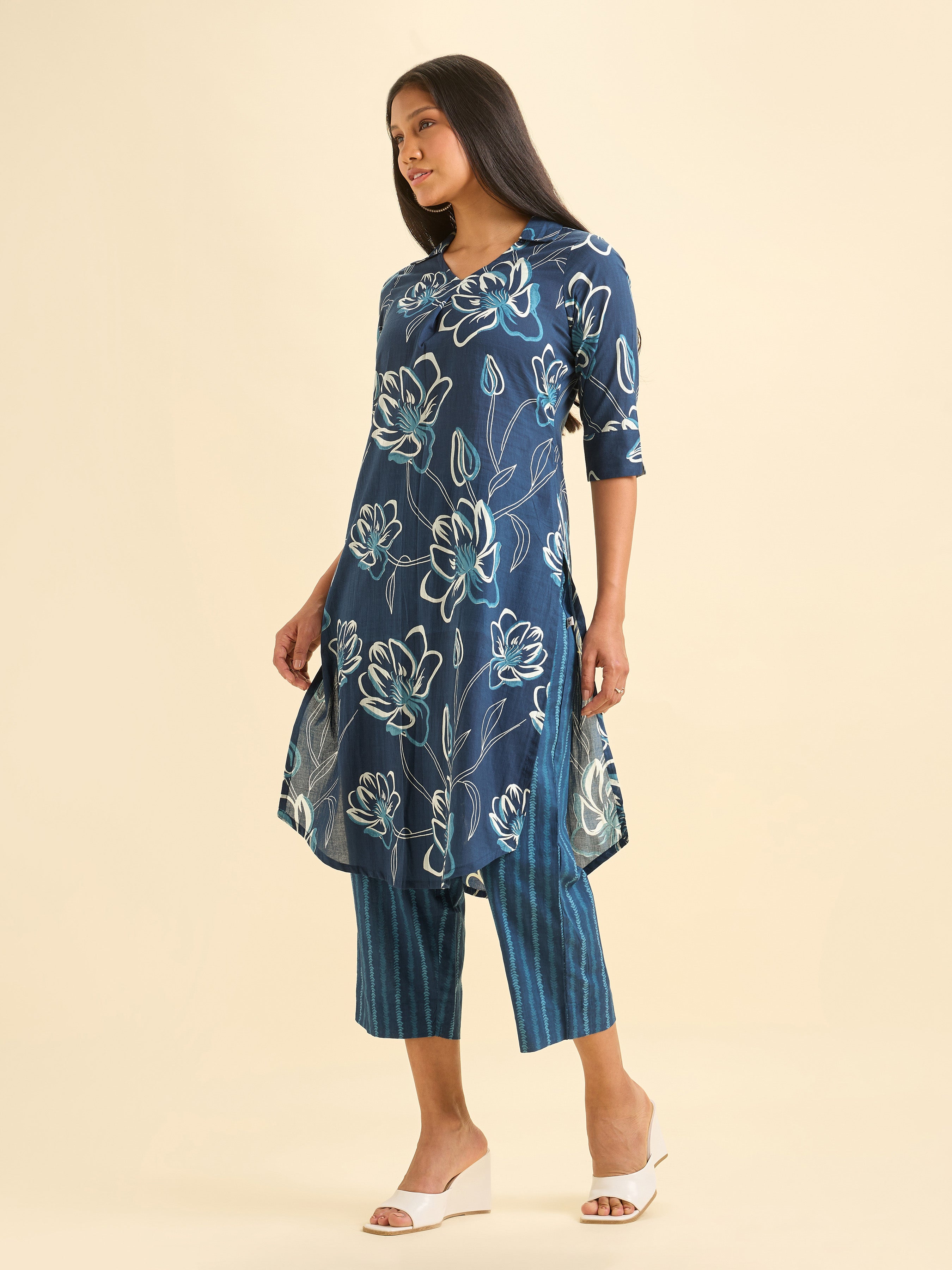 Royal Blue Pure Cotton Printed Slited Kurti Set With Knife Pleats And Curved Hem Line