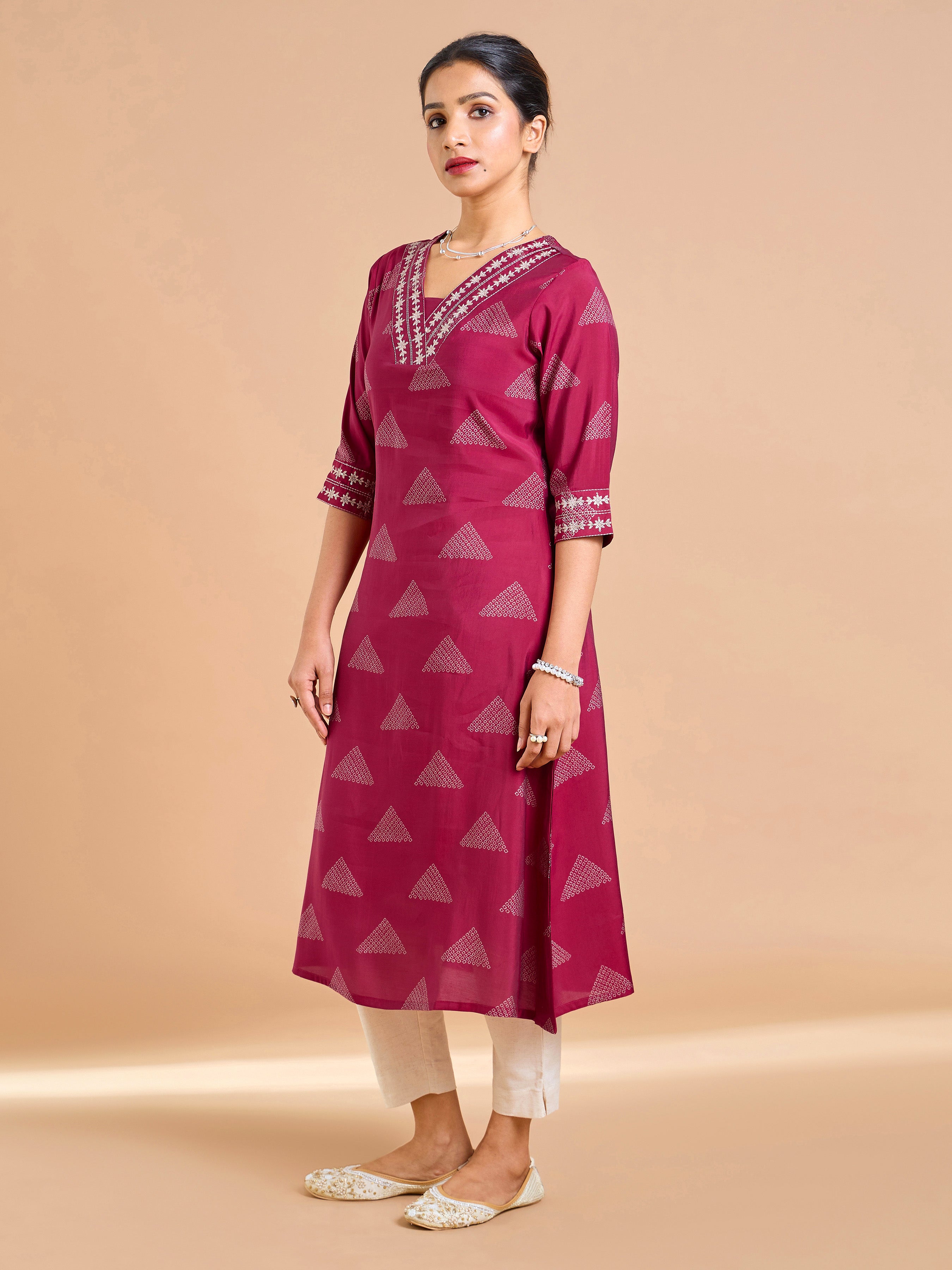 Magenta Modal Chanderi Printed Kurti With Sequins Work