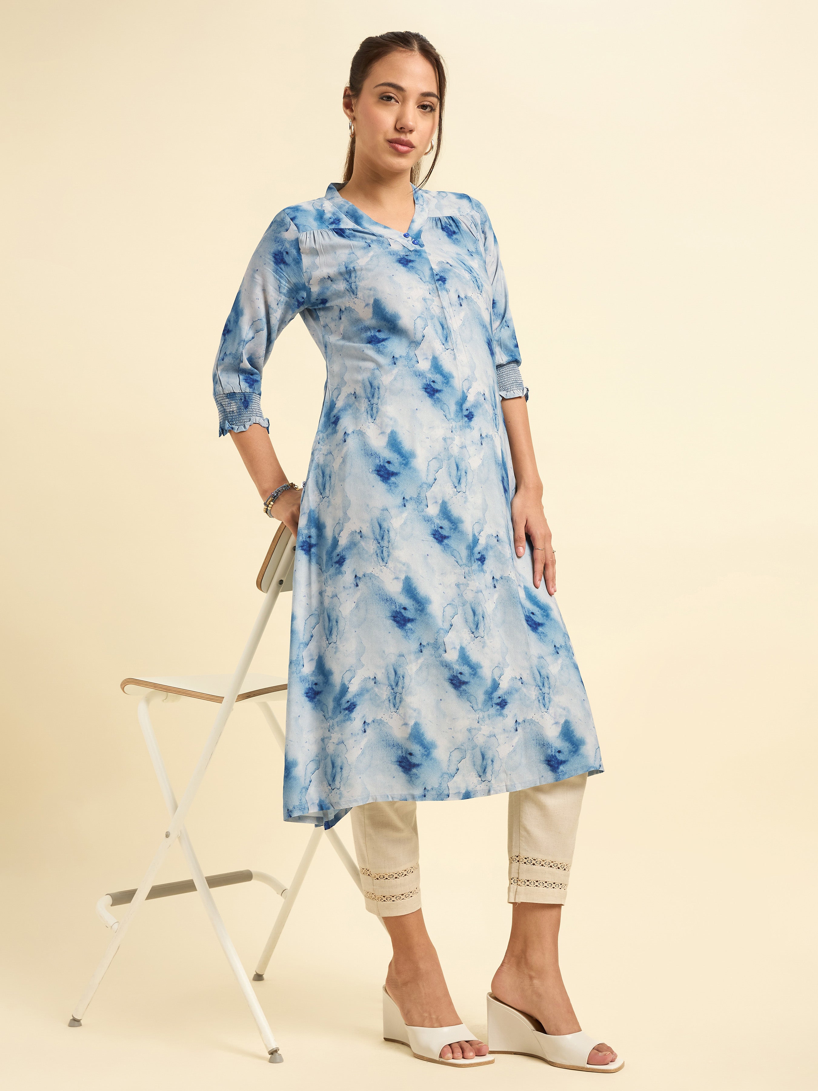 Sky Blue Muticolour Vicose Printed Flared Kurti With Smocking And Knife Pleat