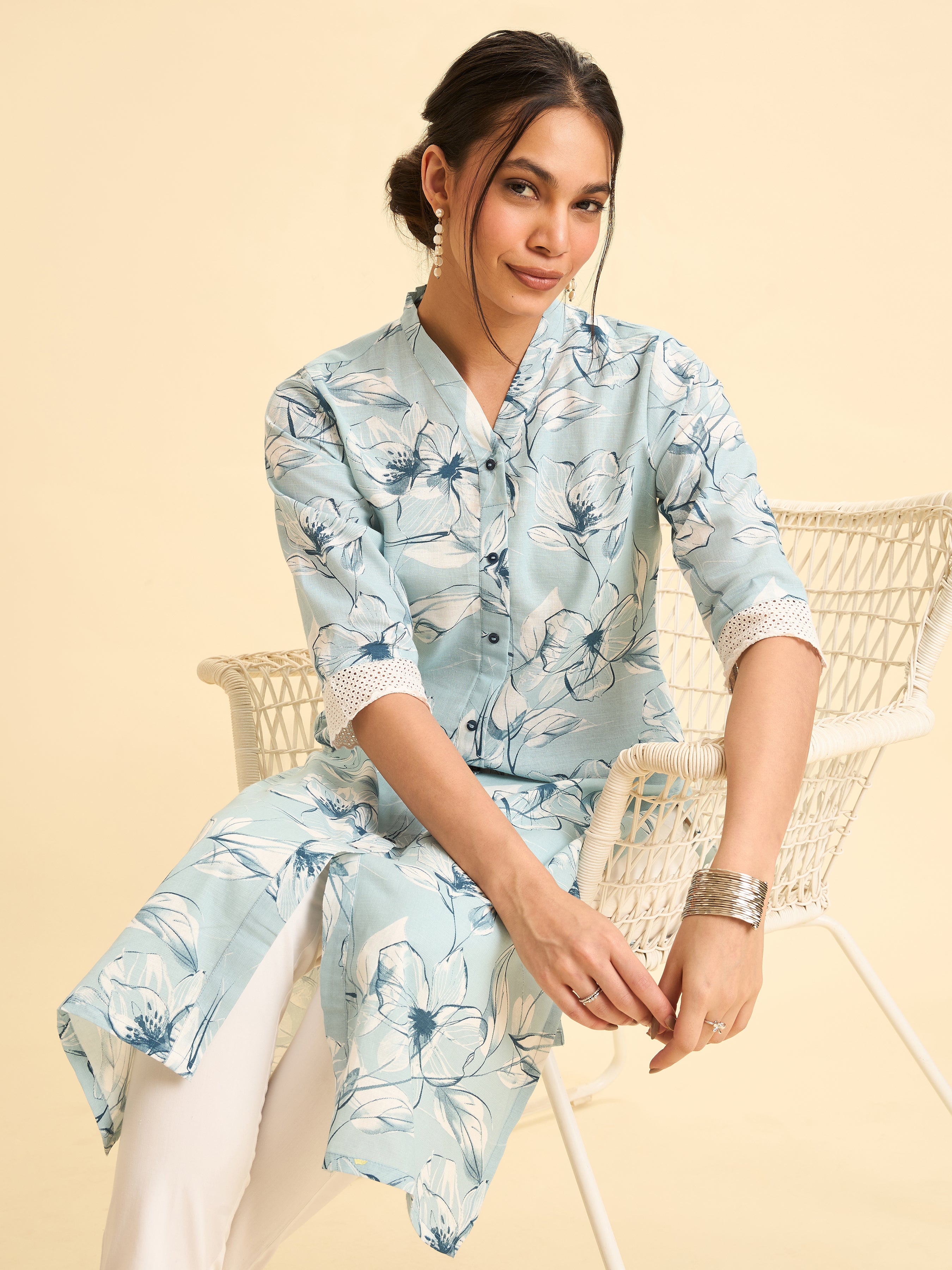 Sky Blue Cotton Linen Printed Slited Kurti With Lace