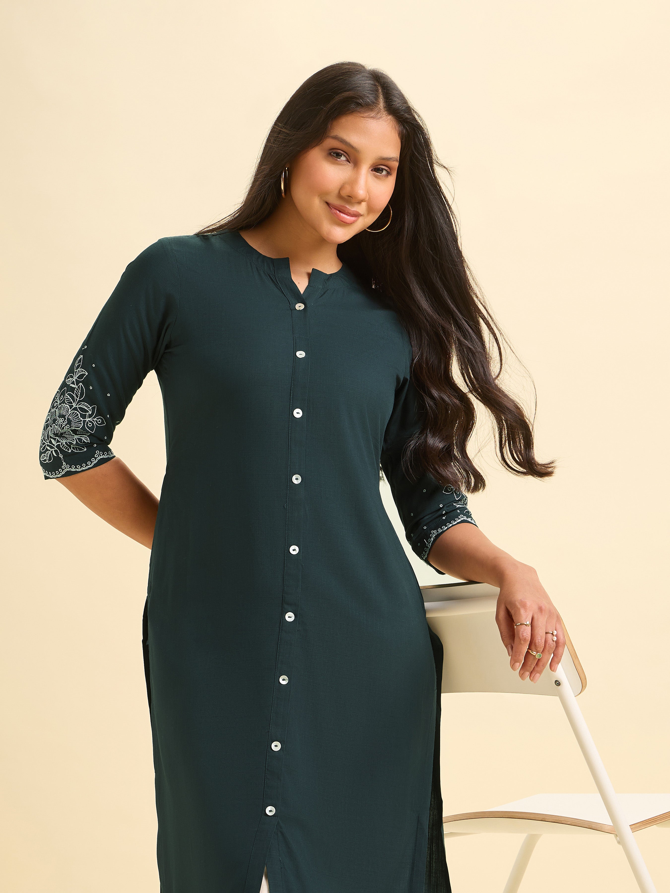 Teal viscose slub kurti with embroidery