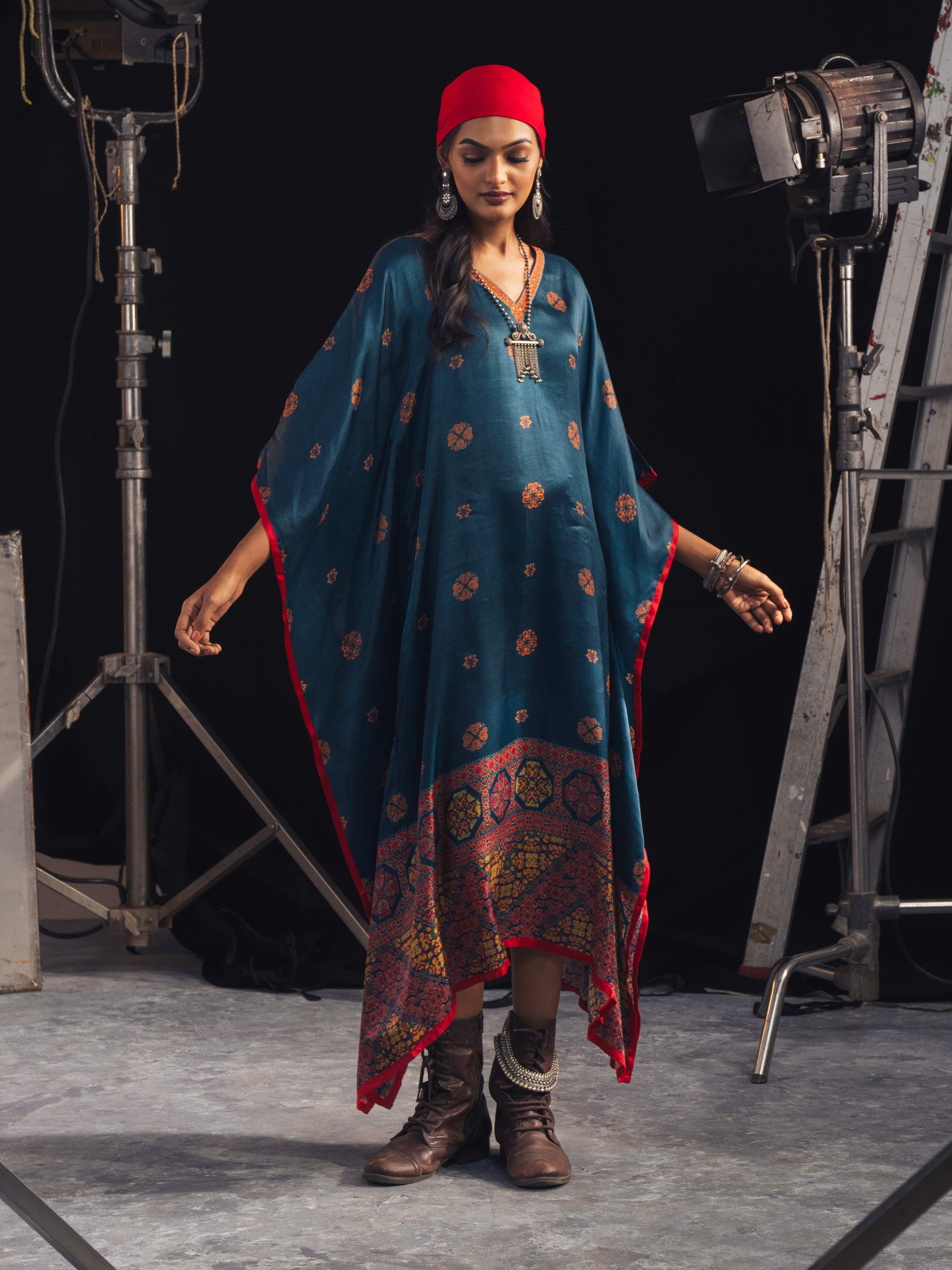 Blue Multi Colour Modal Satin Printed Kaftan With Sequins Embroidery