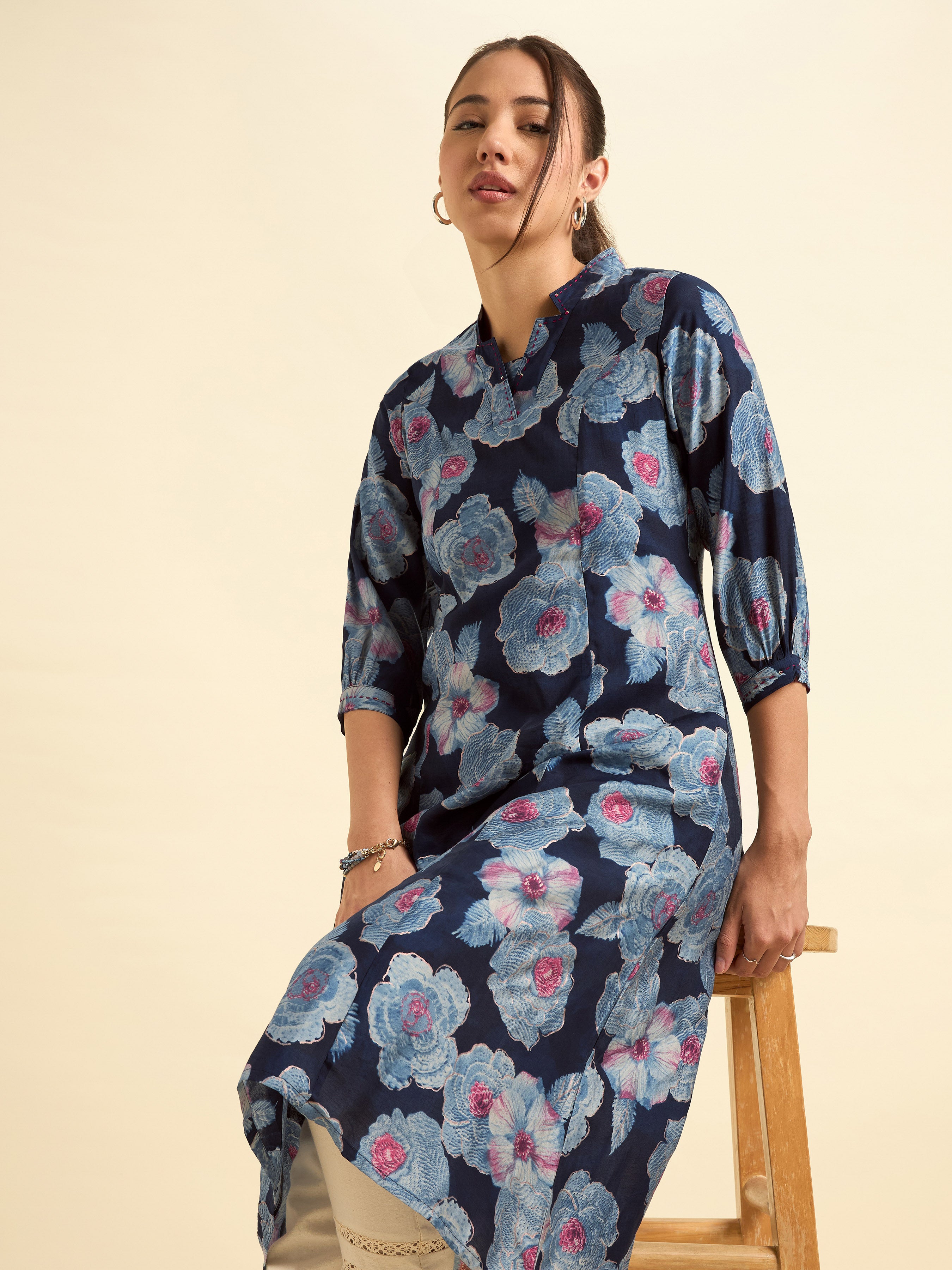 Navy Blue Modal Chanderi Princess Cut Printed Kurti With Embroidery And Sequins Work