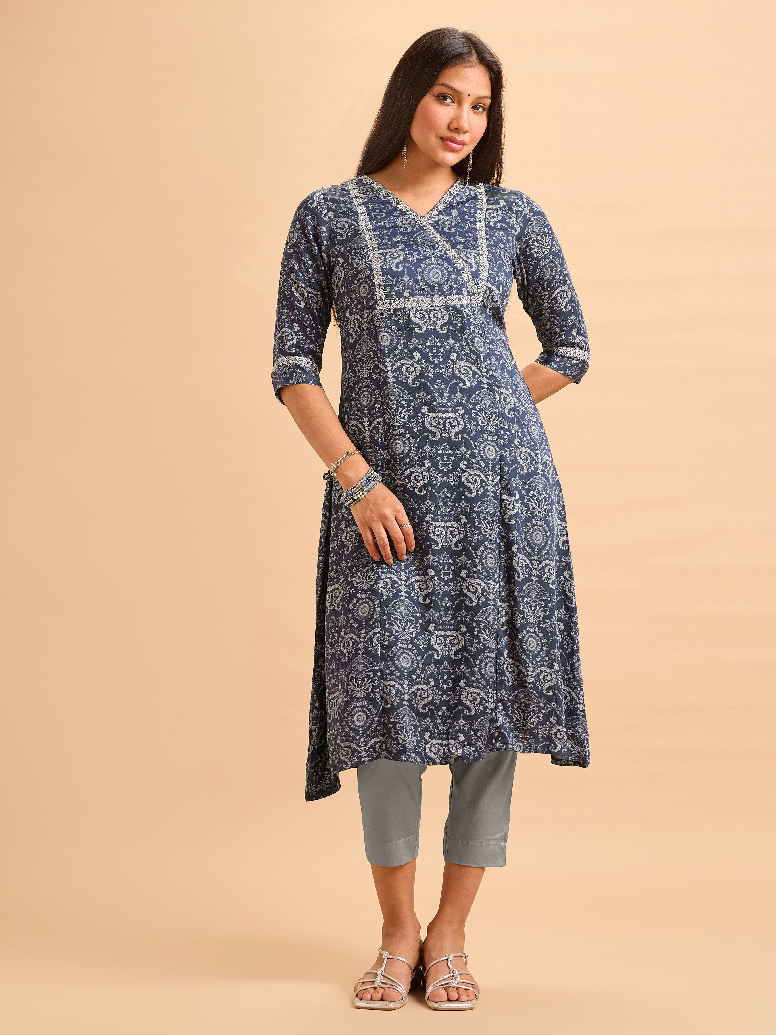 Navy Blue Modal Satin Printed Kurti Set With Embroidery