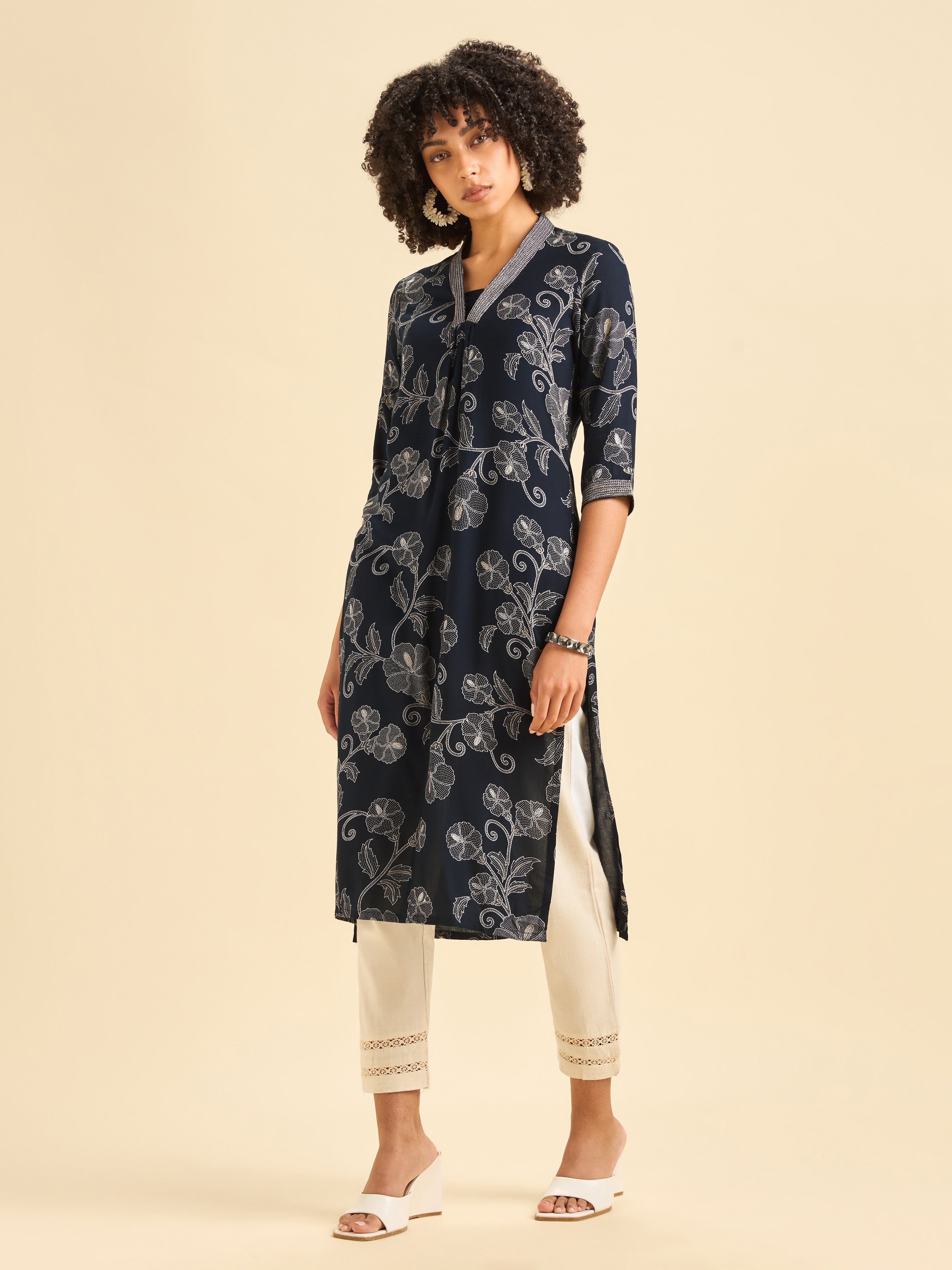 Navy Blue Viscose Slit Printed Kurti With Embroidery