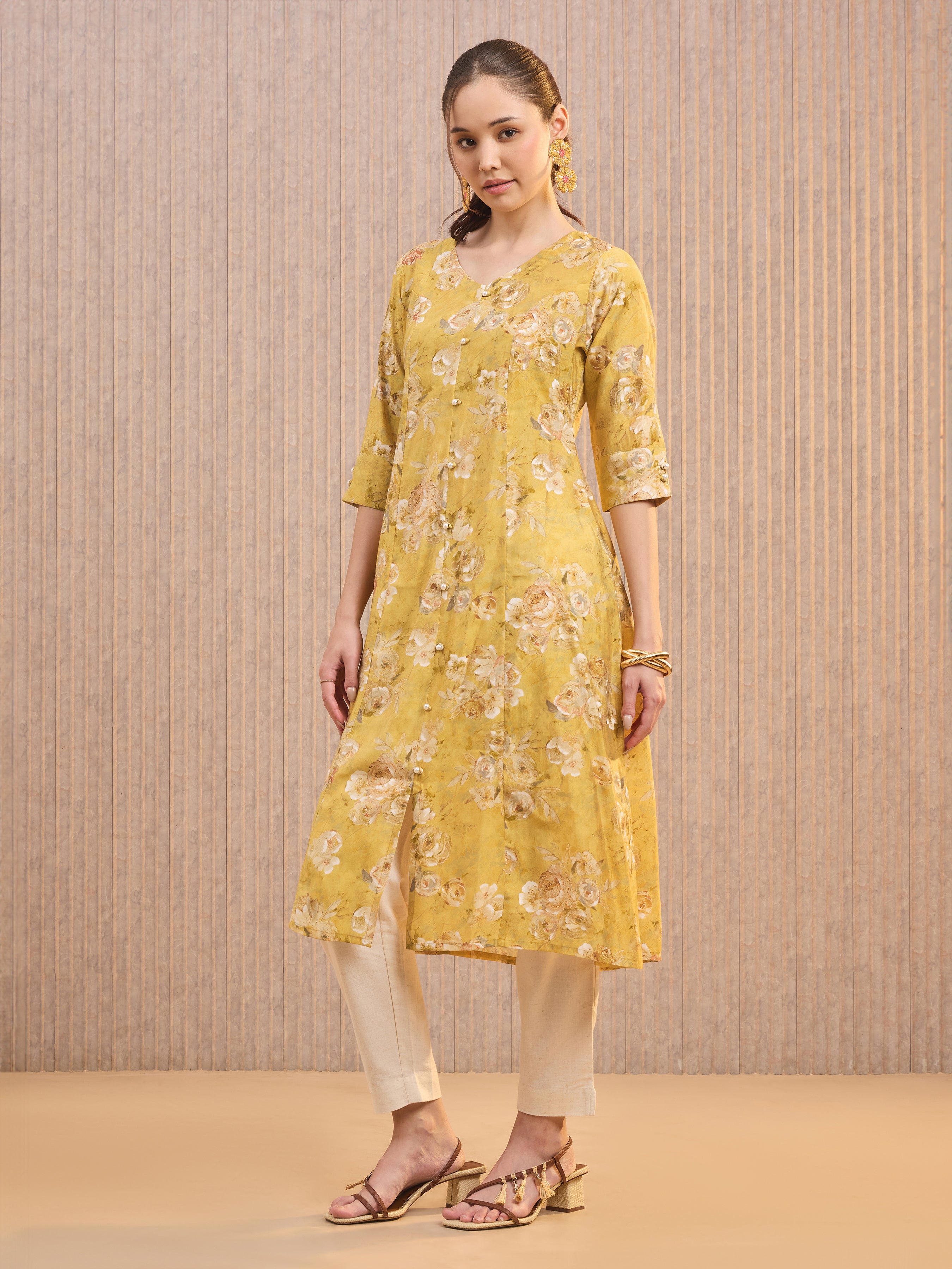 Mustard Modal Chanderi Printed Kurti With Princess Cut