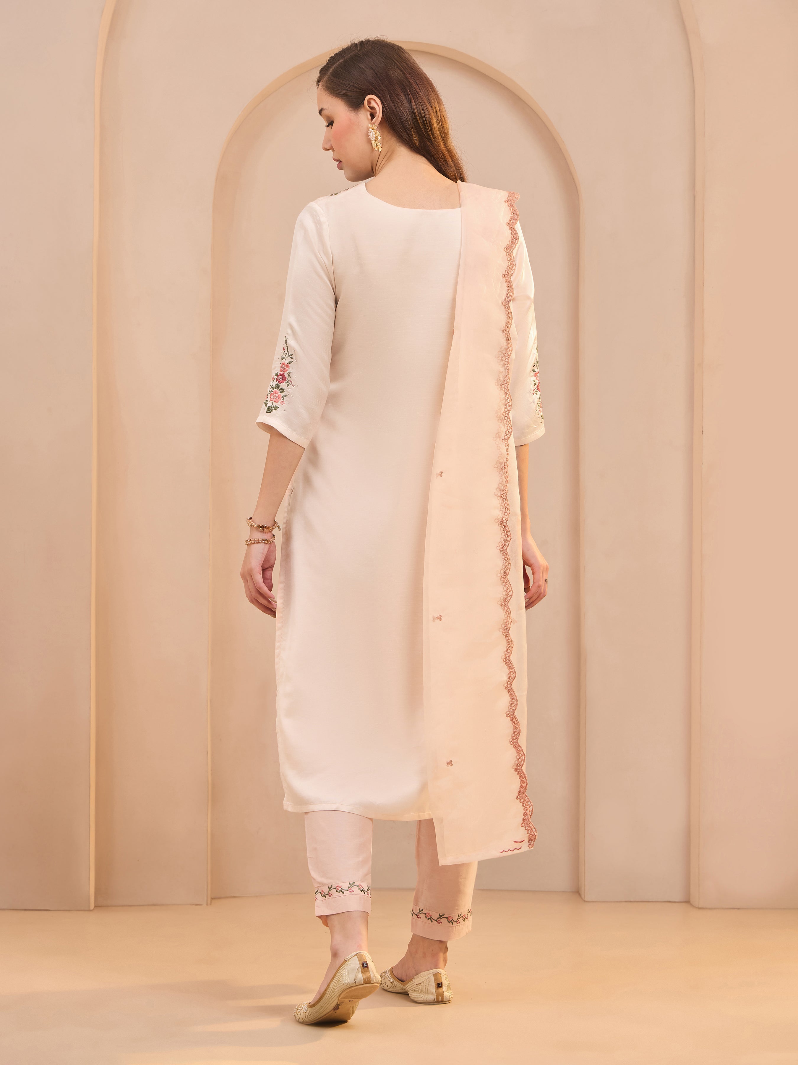 Peach Viscose Linen Kurti Set & Dupatta With Handwork Embroidery