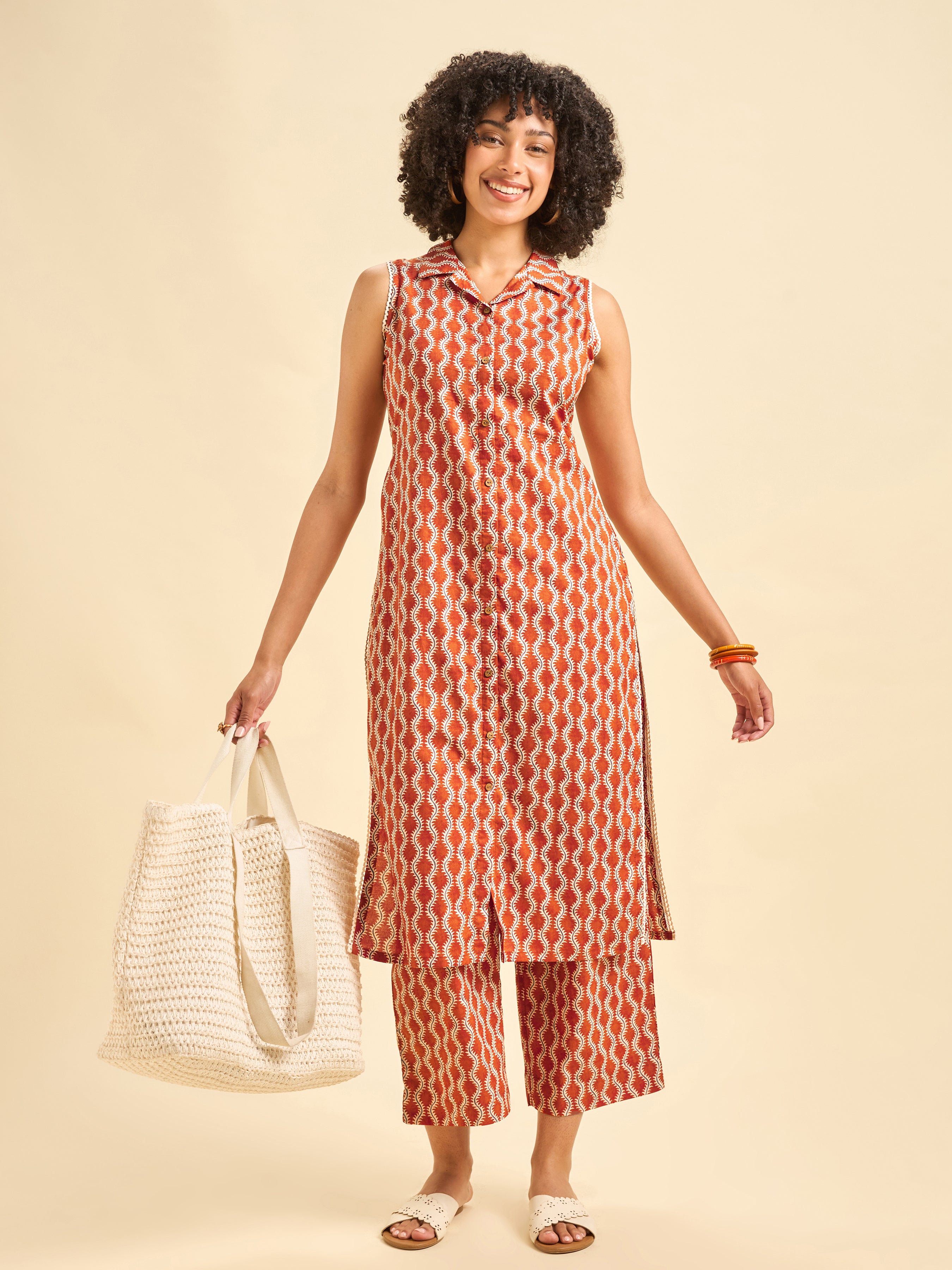 Rust Orange Cotton Printed Co-Ord Set With Lace
