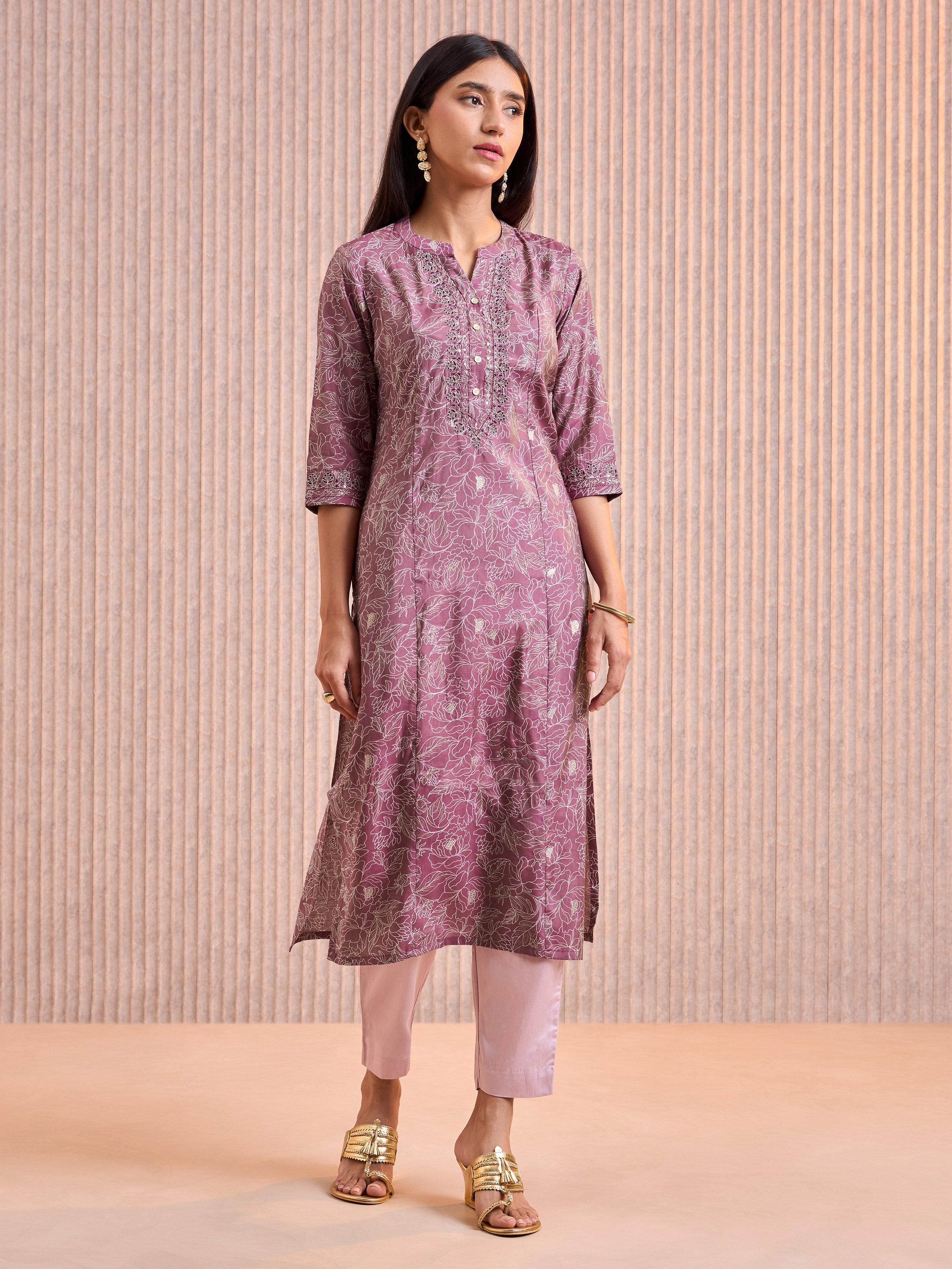 Purple Modal Chanderi Foil Printed Kurti With Cording Sequins Work
