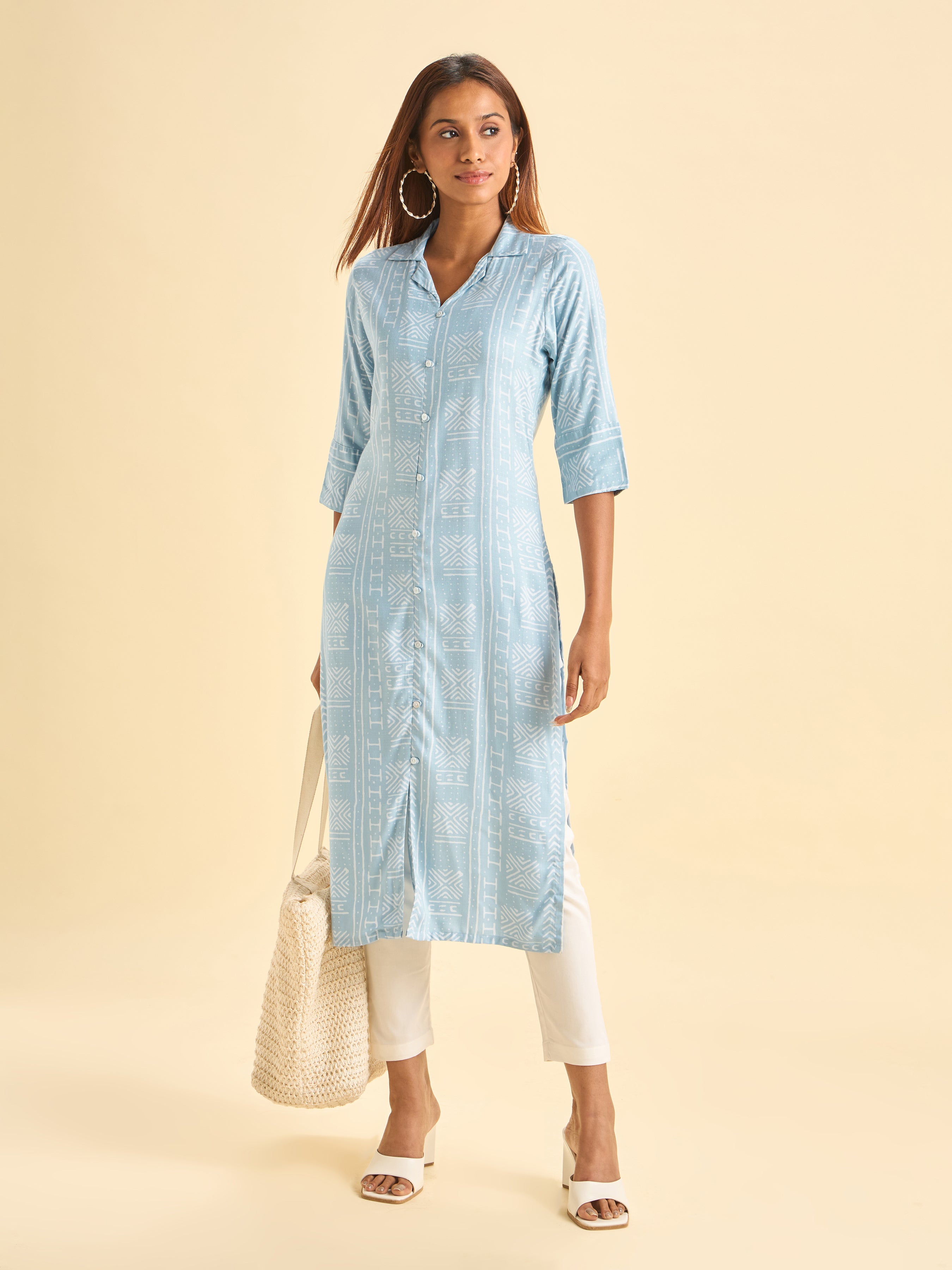 Denim Blue Ivory Tencel Printed Kurti