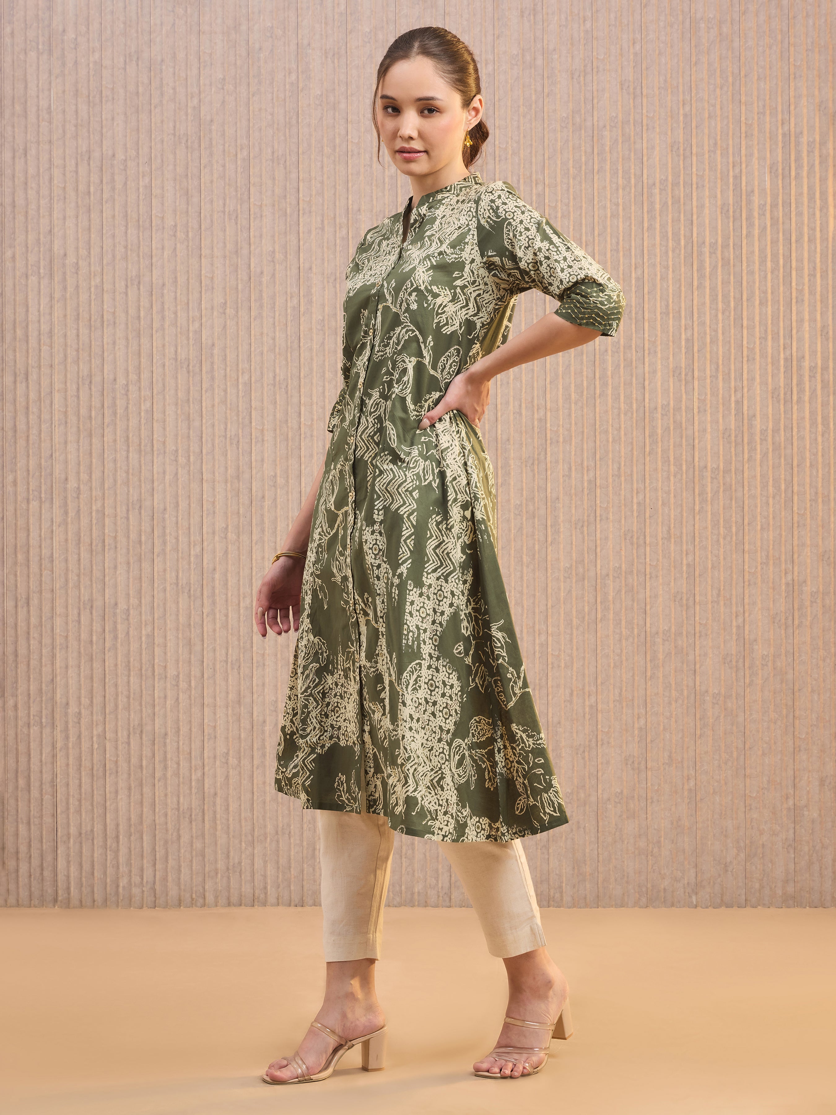 Olive Green Pure Cotton Foil Printed Kuti With Sequins Embroidery