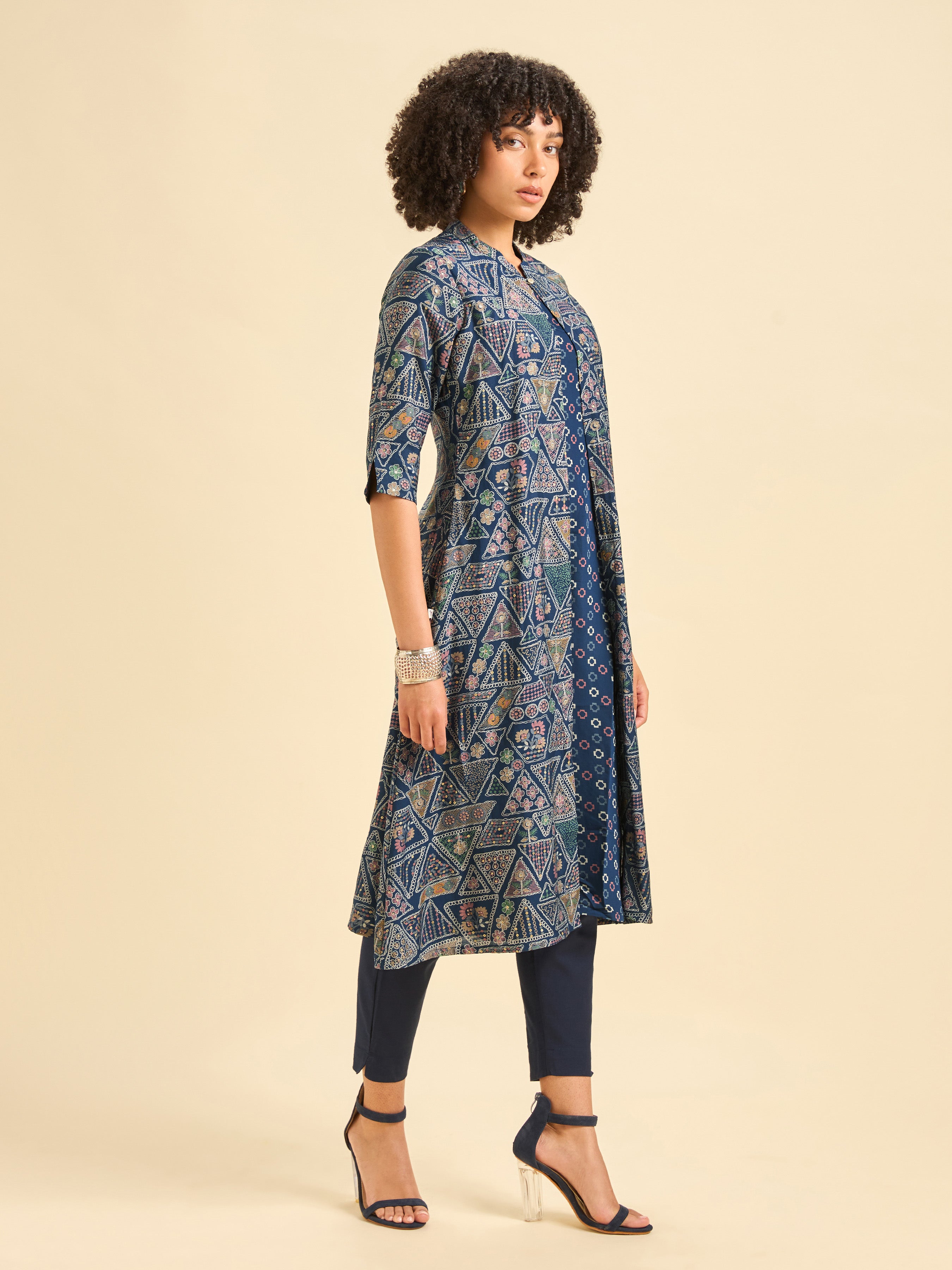 Navy Blue Multi Viscose Blend Printed Flared Kurti.