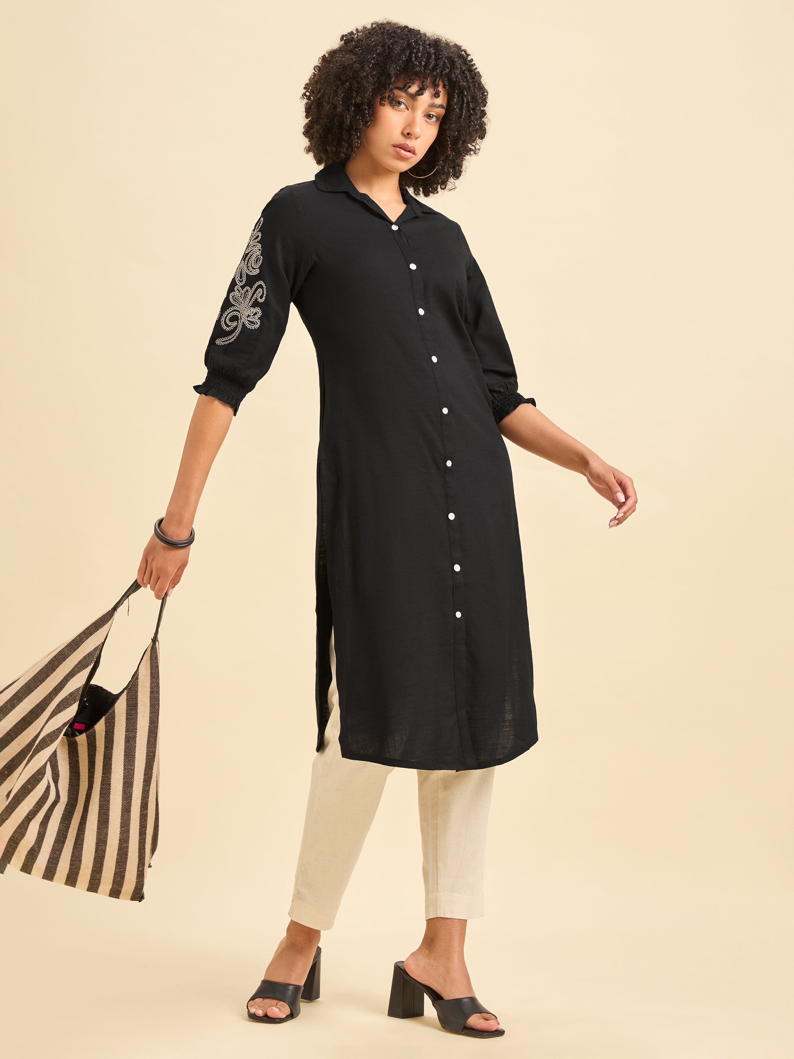 Black Cotton Viscose Kurti With Embroidery