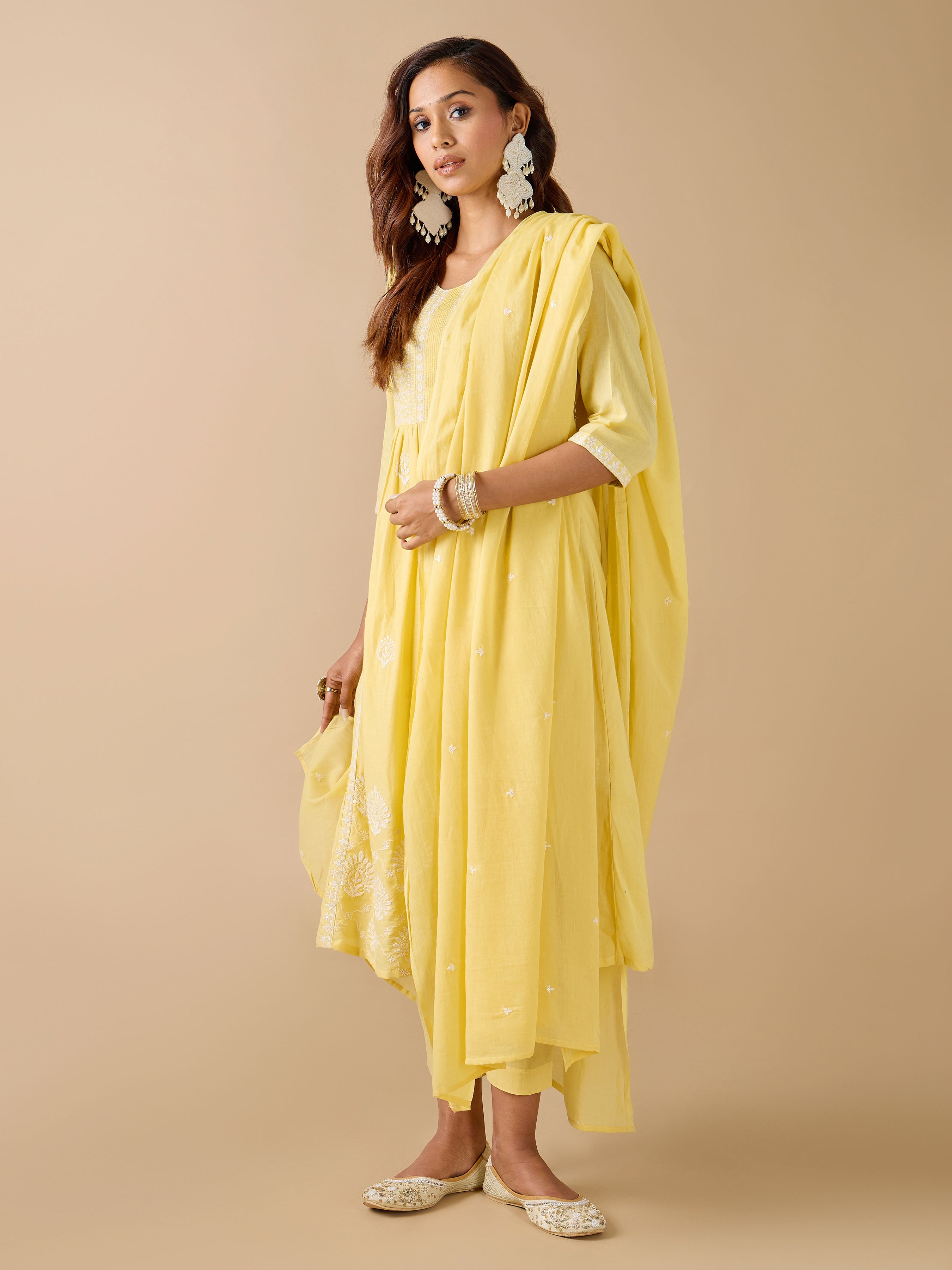 Yellow Pure Cotton Kurti Set & Dupatta With Embroidery