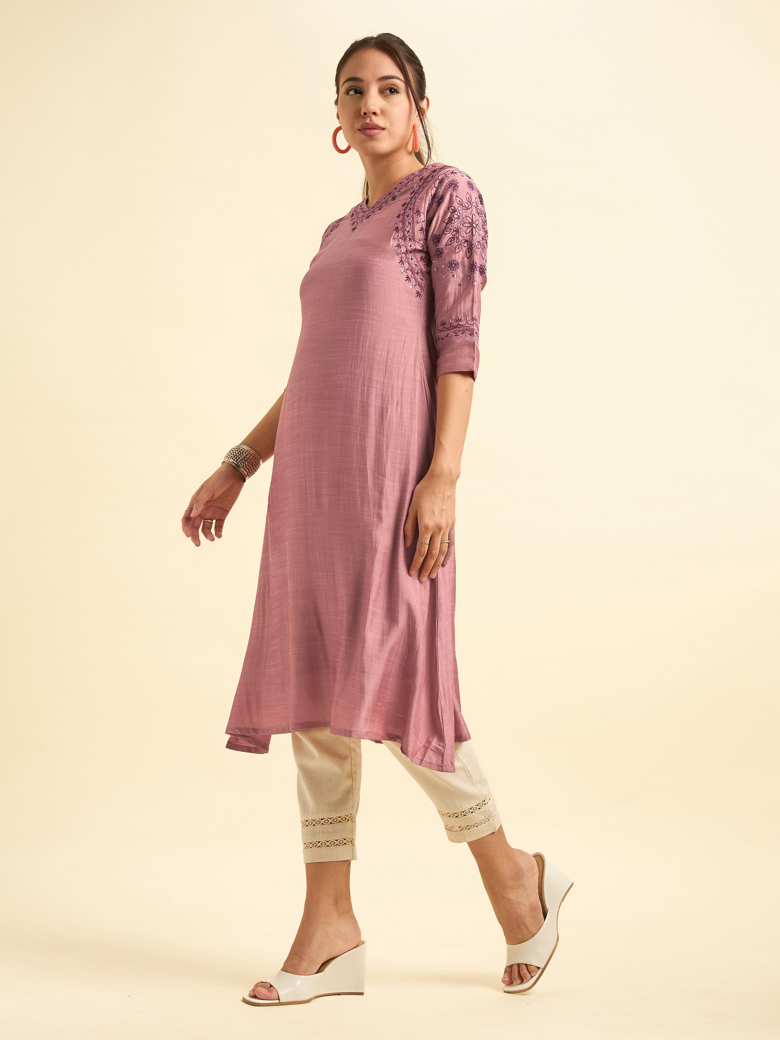 Onion Pink Viscose Blend Plain Flared Kurti Set With Embroidery And Sequins Work