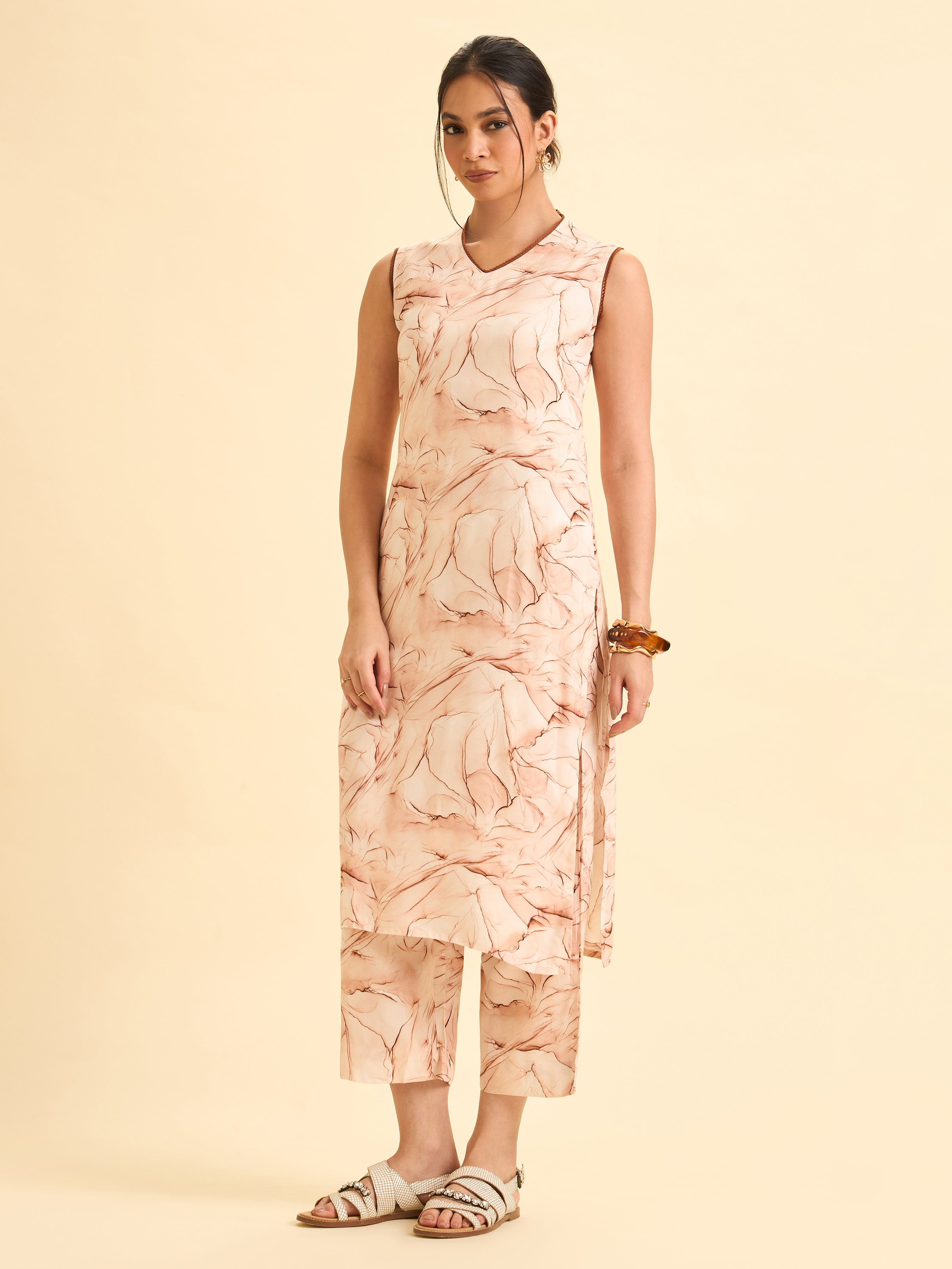 Blush Pink And Brown Viscose Printed Kurti Set With Lace