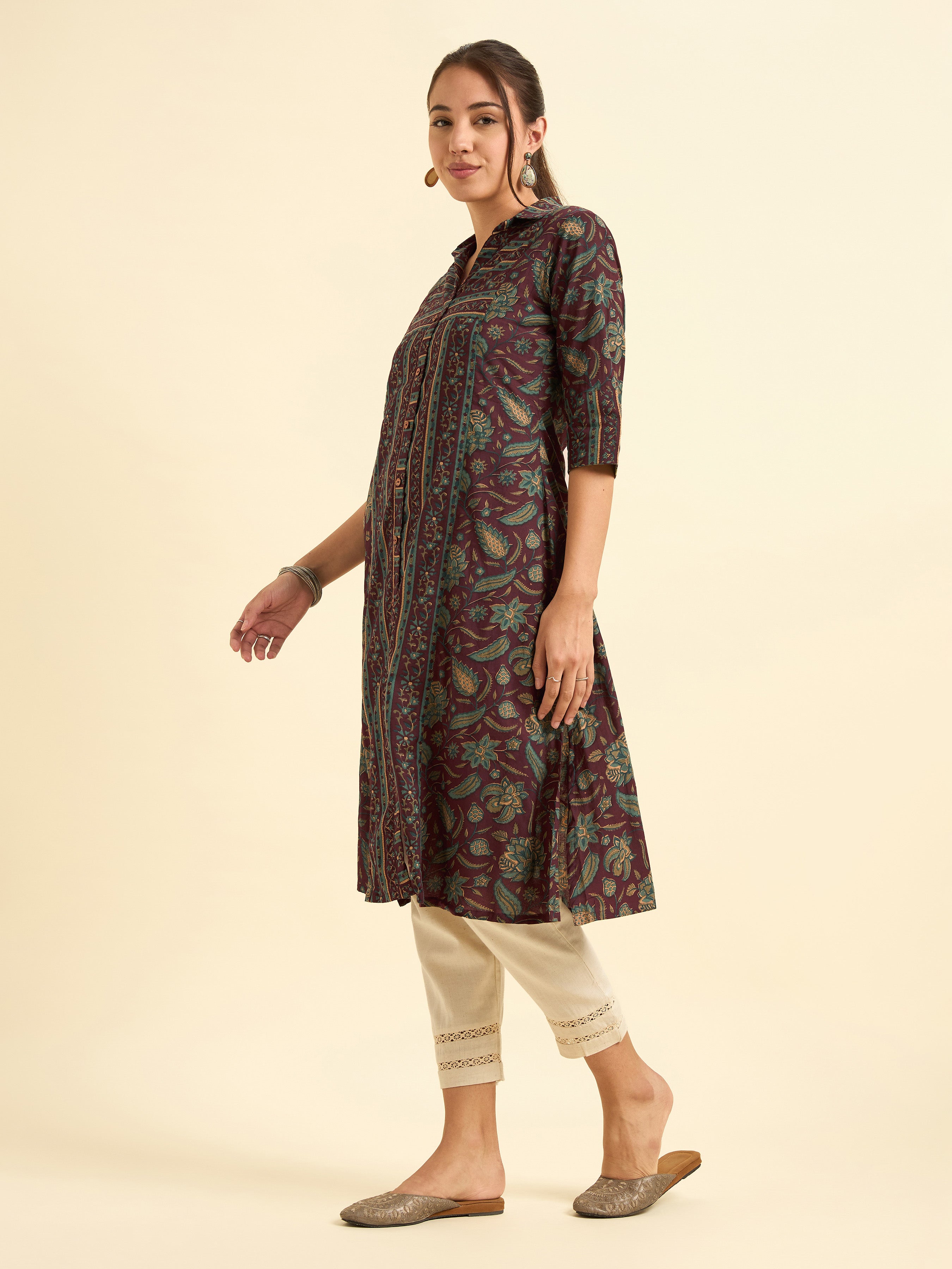 Maroon Multicolour Pure Cotton Flared Printed Kurti With Centre Panel Cut